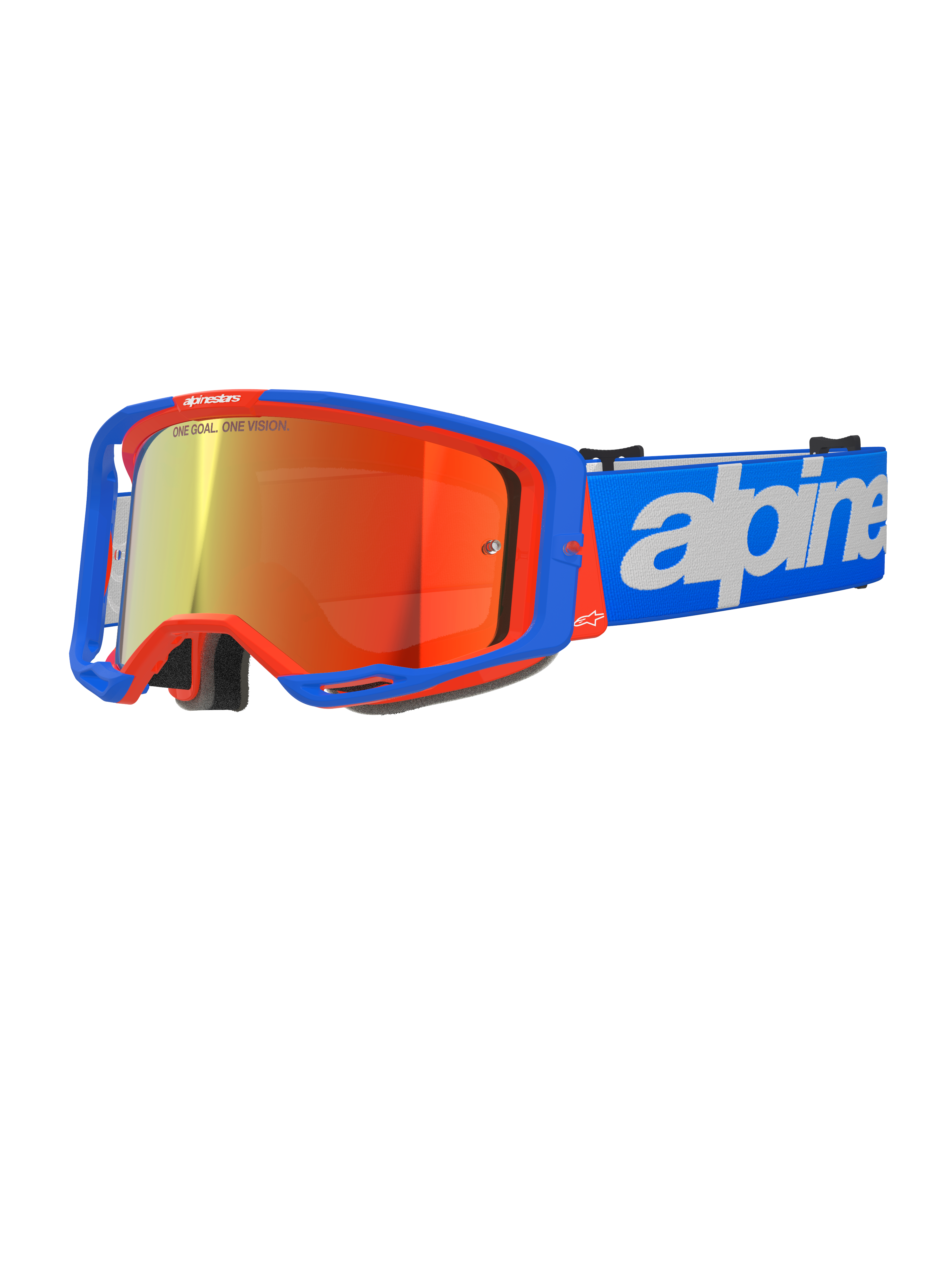 Gogle Alpinestars Vision 8 Wordmark, gogle motocrossowe, niebiesko-pomarańczowe z czerwoną lustrzaną soczewką, szerokie pole widzenia, niebieski regulowany pasek z wyraźnym białym napisem, piankowa wyściółka i wentylacja do jazdy terenowej