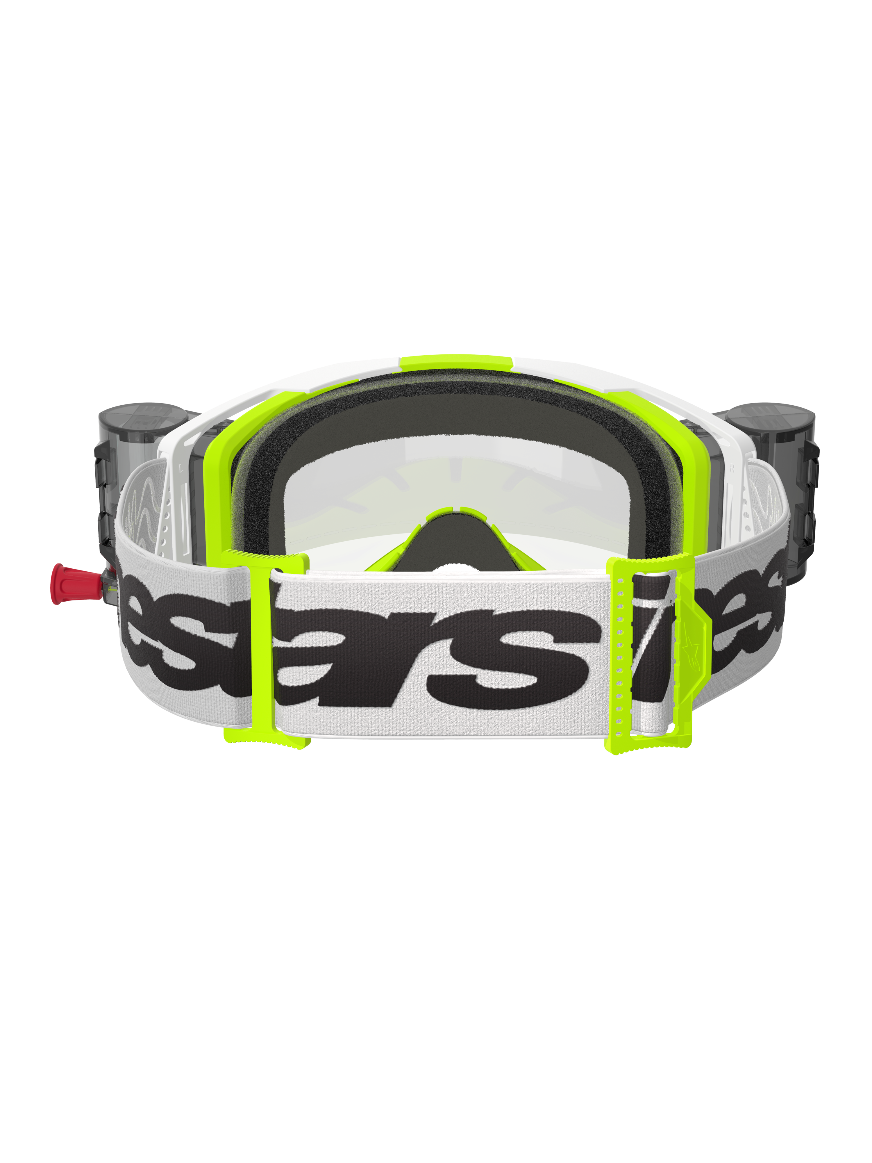 Alpinestars Vision 8 Wordmark Goggles Roll Off, Motocross Goggles, White and Fluorescent Yellow, Rear view showing white strap with black wordmark, neon yellow buckles, black 3D-molded face foam, and integrated roll-off system canisters