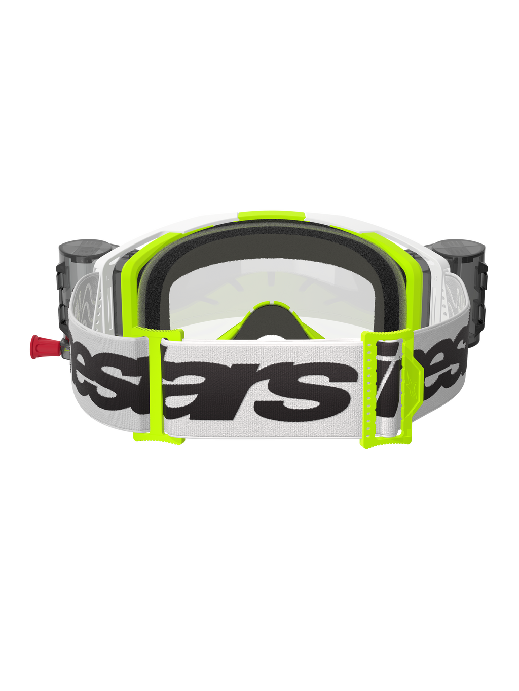 Gogle Alpinestars Vision 8 Wordmark, widok z tyłu, białe i żółte fluo, zintegrowany system Roll-Off z zasobnikami, szeroki biały tkany pasek z czarnym logo Alpinestars, formowana w 3D pianka do twarzy i przezroczysta soczewka