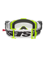 Gogle Alpinestars Vision 8 Wordmark, widok z tyłu, białe i żółte fluo, zintegrowany system Roll-Off z zasobnikami, szeroki biały tkany pasek z czarnym logo Alpinestars, formowana w 3D pianka do twarzy i przezroczysta soczewka