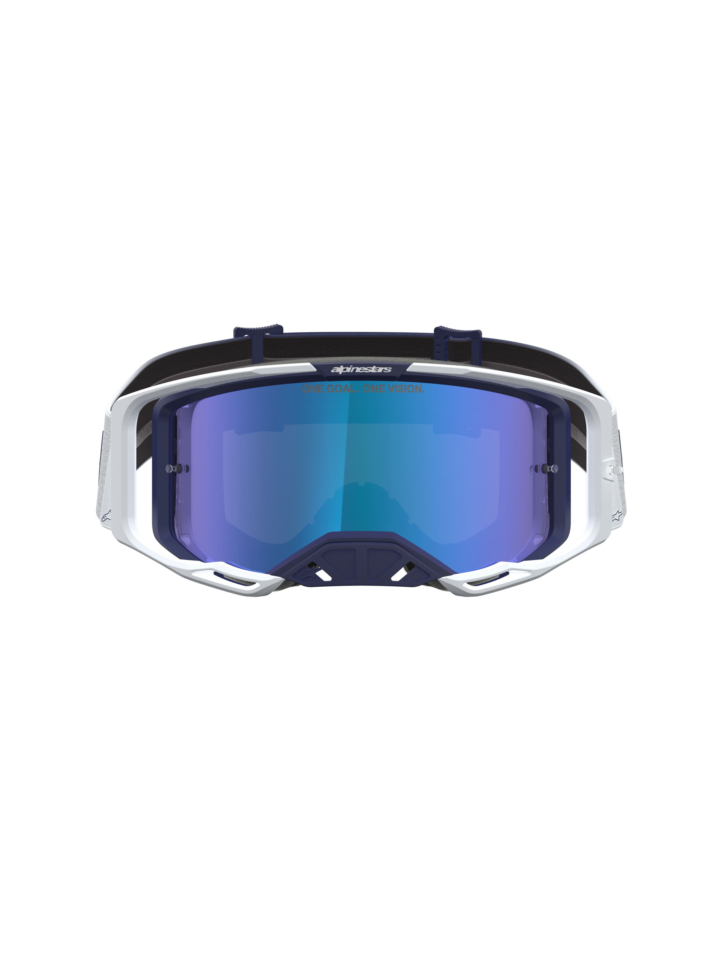 Alpinestars Vision 8 Amber Mirror Motocross Goggles, Navy and White frame, anti-fog Blue Mirror lens, and RAM-AIR vents.