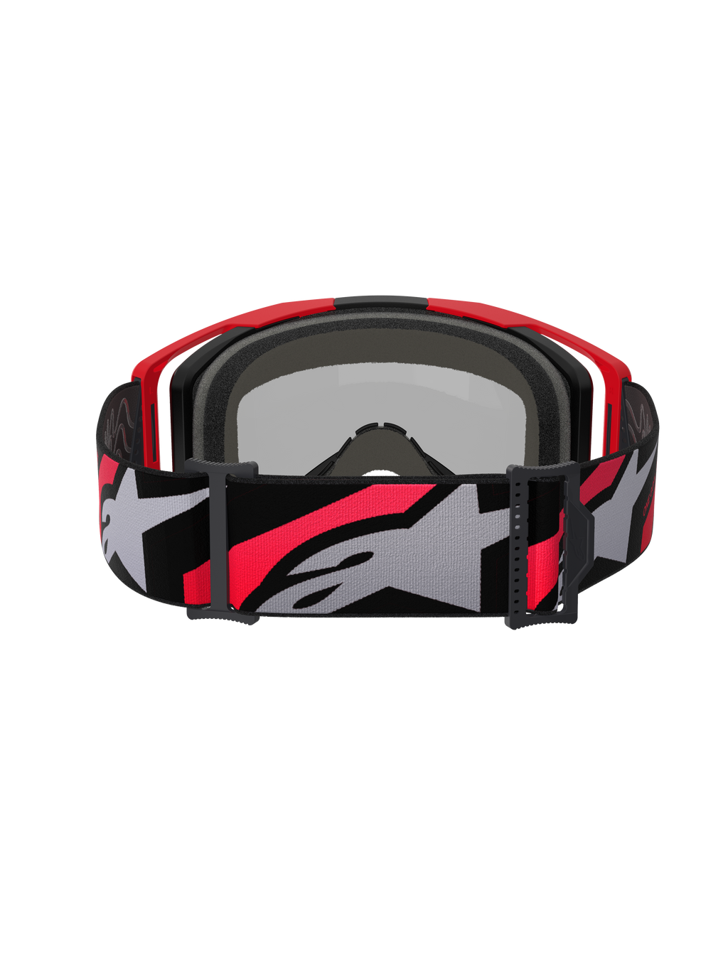Alpinestars Vision 8 Luar Goggles, gogle motocrossowe, czerwono-czarne ze srebrną lustrzaną soczewką, szeroki tkany pasek z wyraźnym szarym i czerwonym logo Alpinestars, widok od tyłu ukazujący czarną piankę i czerwoną ramkę, profesjonalne gogle ochronne