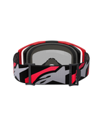 Alpinestars Vision 8 Luar Goggles, gogle motocrossowe, czerwono-czarne ze srebrną lustrzaną soczewką, szeroki tkany pasek z wyraźnym szarym i czerwonym logo Alpinestars, widok od tyłu ukazujący czarną piankę i czerwoną ramkę, profesjonalne gogle ochronne