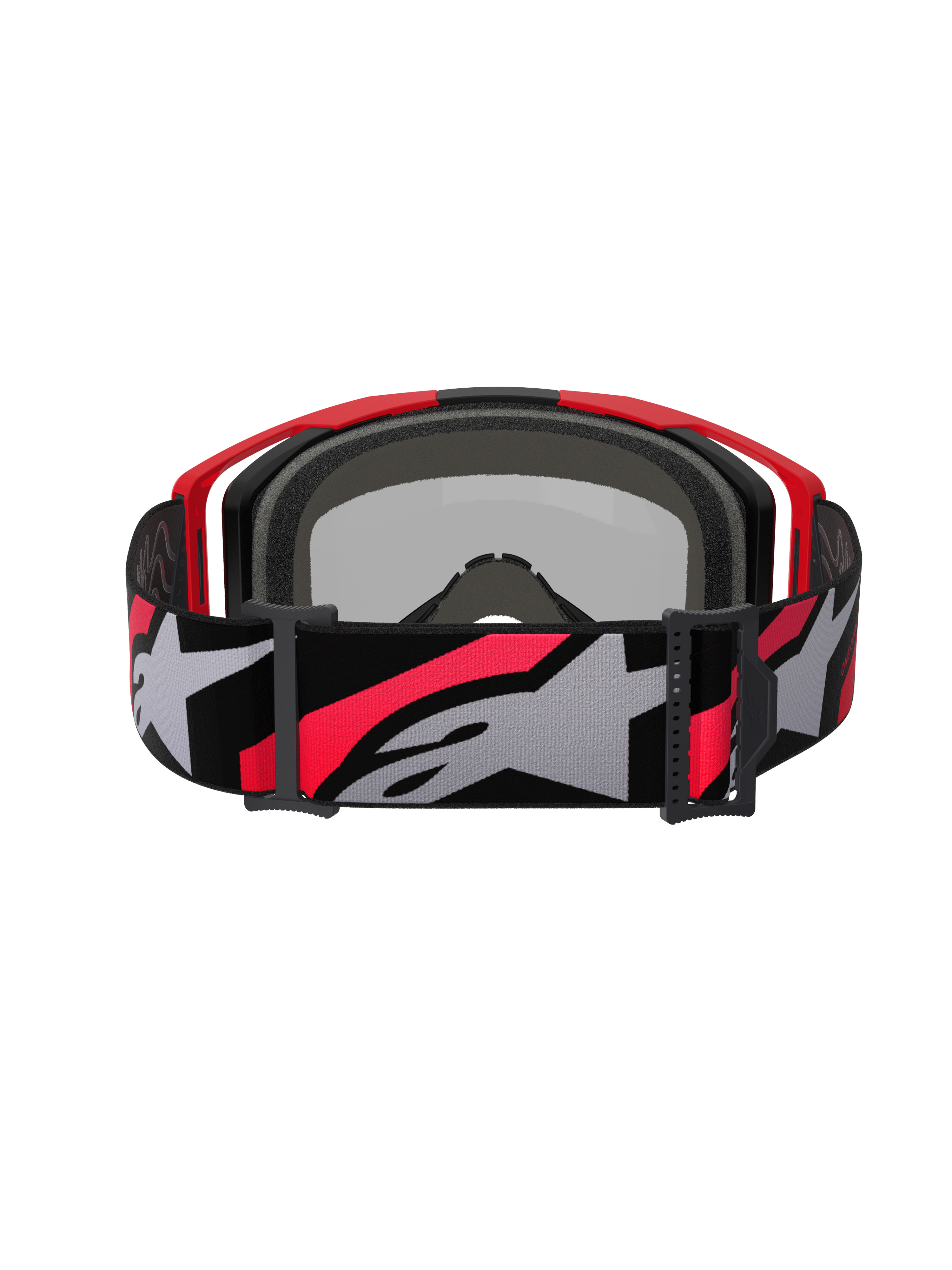 Alpinestars Vision 8 Luar Goggles, gogle motocrossowe, czerwono-czarne ze srebrną lustrzaną soczewką, szeroki tkany pasek z wyraźnym szarym i czerwonym logo Alpinestars, widok od tyłu ukazujący czarną piankę i czerwoną ramkę, profesjonalne gogle ochronne
