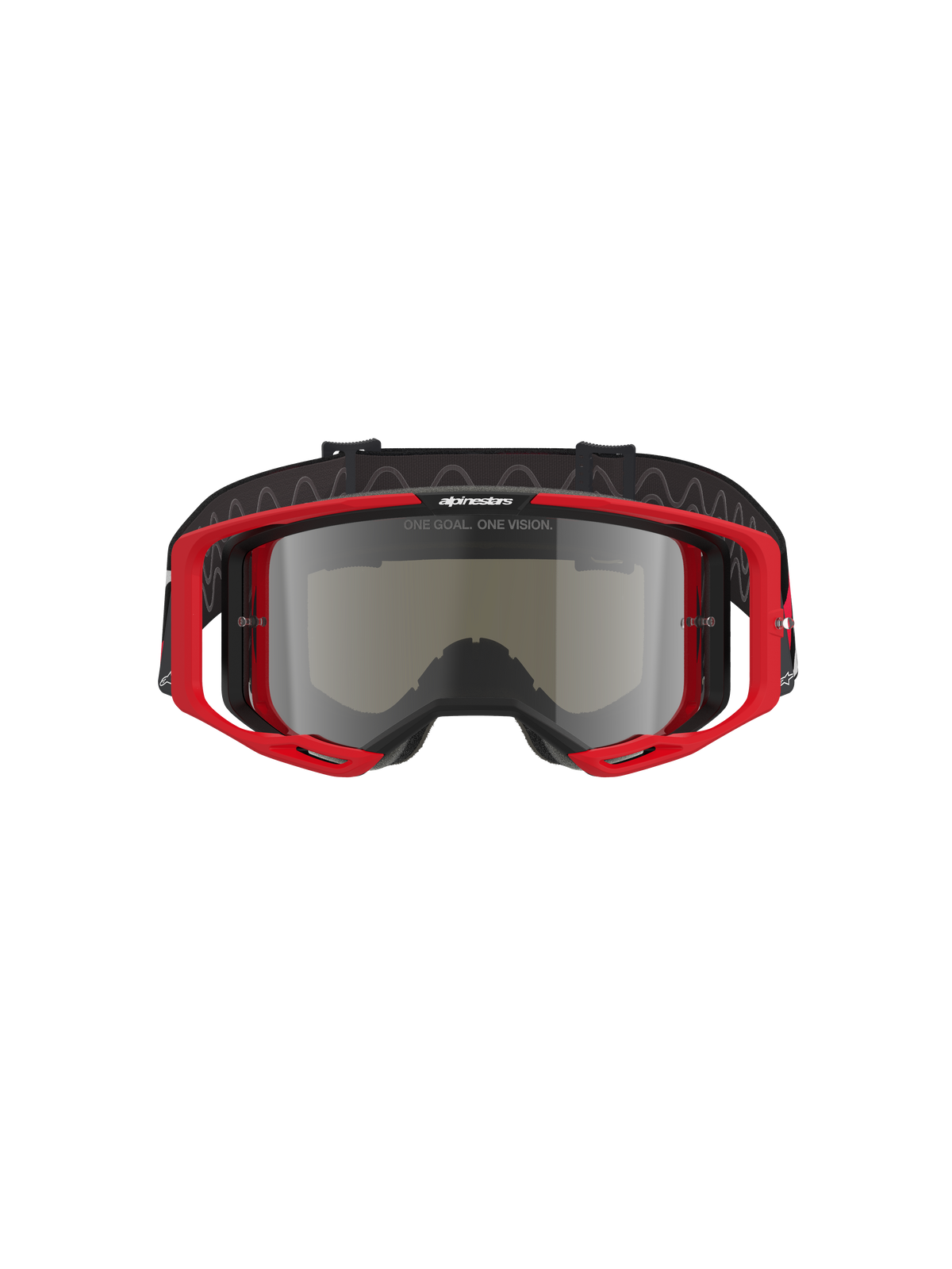 Gogle Alpinestars Vision 8 Luar, gogle motocrossowe, czerwono-czarna oprawka ze srebrną lustrzaną soczewką, wysokowydajna konstrukcja z szerokim polem widzenia, wyraźne logo na pasku i oprawce, odpowiednie do jazdy terenowej i wyścigów motocrossowych