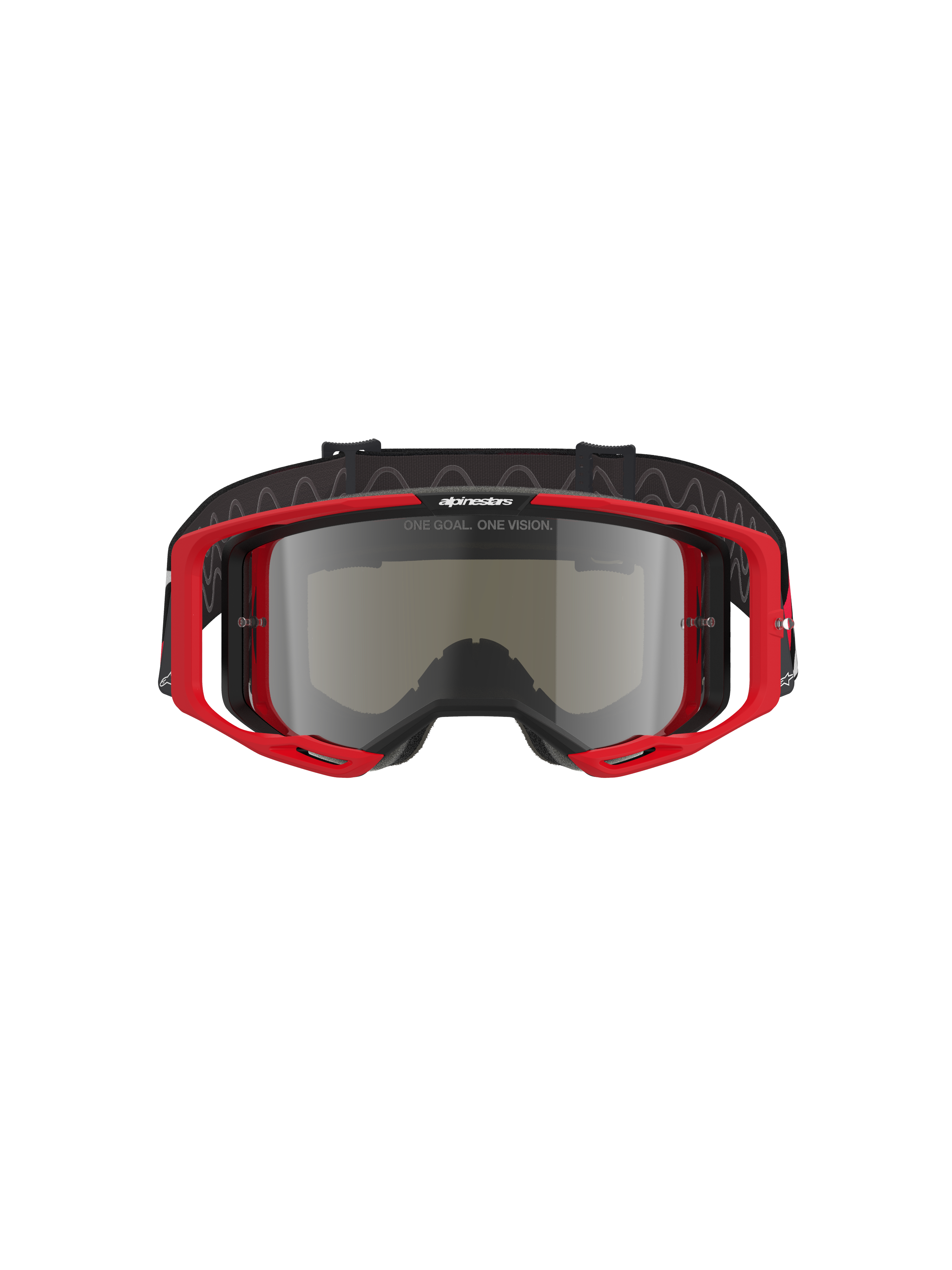 Gogle Alpinestars Vision 8 Luar, gogle motocrossowe, czerwono-czarna oprawka ze srebrną lustrzaną soczewką, wysokowydajna konstrukcja z szerokim polem widzenia, wyraźne logo na pasku i oprawce, odpowiednie do jazdy terenowej i wyścigów motocrossowych