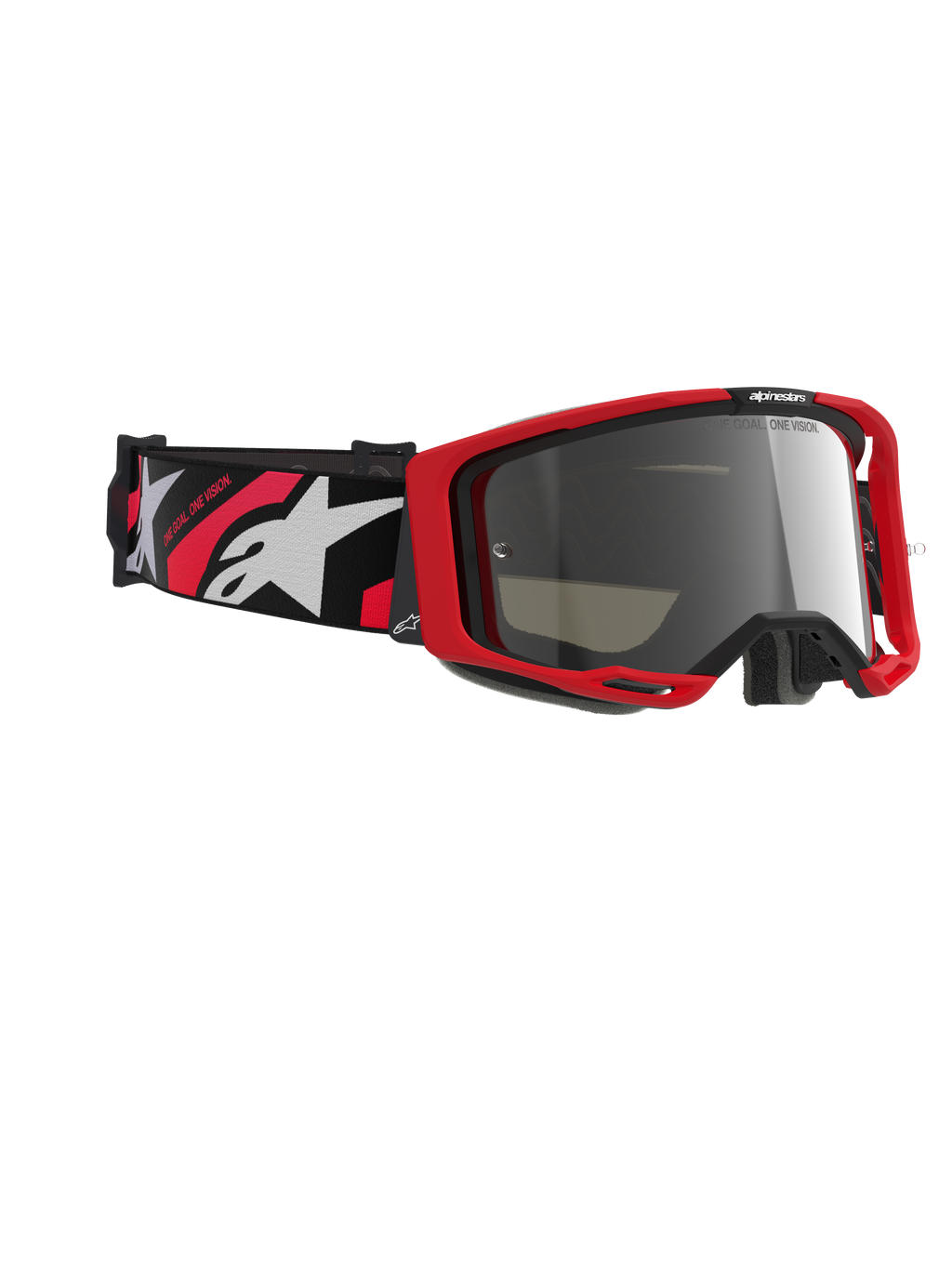 Gogle Alpinestars Vision 8 Luar, gogle motocrossowe, czerwono-czarna oprawka ze srebrną lustrzaną soczewką, szeroki tkany pasek z czerwono-białym logo Alpinestars i napisem „ONE GOAL. ONE VISION.”, zaawansowane gogle ochronne do wyścigów off-road