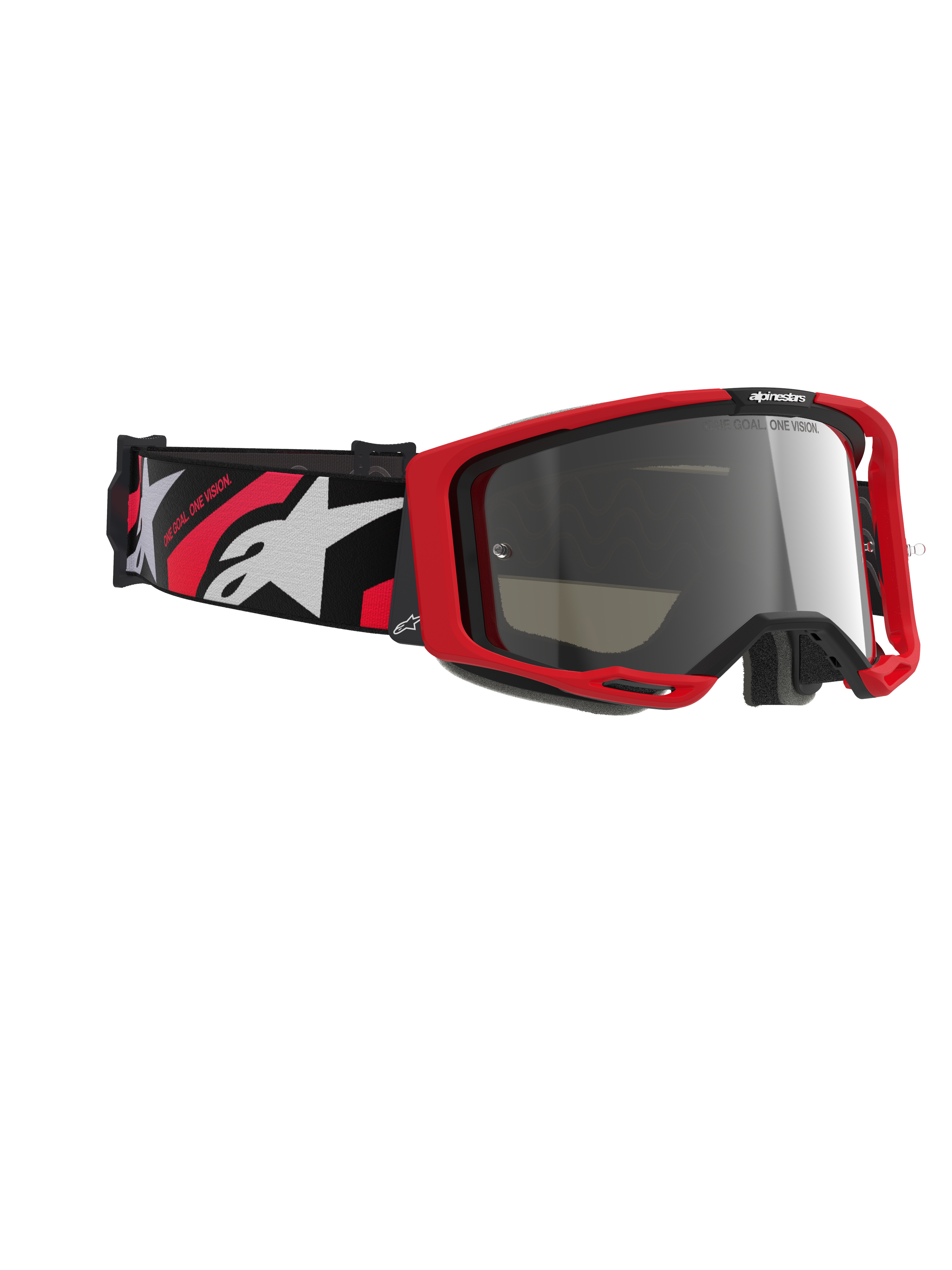 Gogle Alpinestars Vision 8 Luar, gogle motocrossowe, czerwono-czarna oprawka ze srebrną lustrzaną soczewką, szeroki tkany pasek z czerwono-białym logo Alpinestars i napisem „ONE GOAL. ONE VISION.”, zaawansowane gogle ochronne do wyścigów off-road
