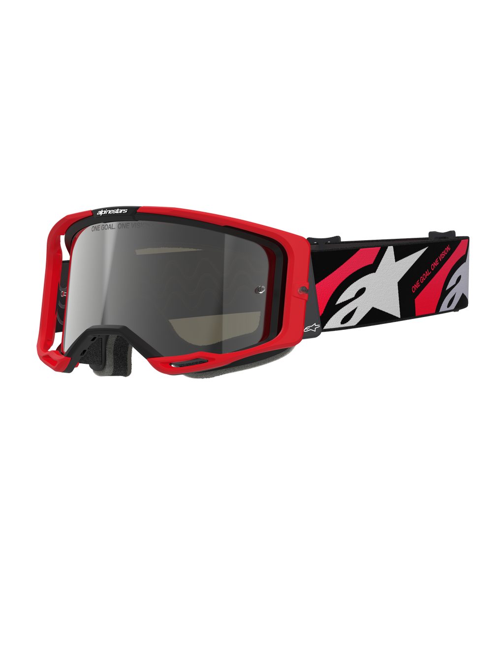 Alpinestars Vision 8 Luar Goggles, gogle motocrossowe off-road, czerwono-czarna oprawka, srebrna lustrzana soczewka, szeroki regulowany pasek z białym logo gwiazdy i napisem „One Goal. One Vision.”, wyczynowa konstrukcja do wyścigów dirt bike