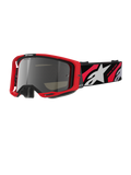 Alpinestars Vision 8 Luar Goggles, gogle motocrossowe off-road, czerwono-czarna oprawka, srebrna lustrzana soczewka, szeroki regulowany pasek z białym logo gwiazdy i napisem „One Goal. One Vision.”, wyczynowa konstrukcja do wyścigów dirt bike