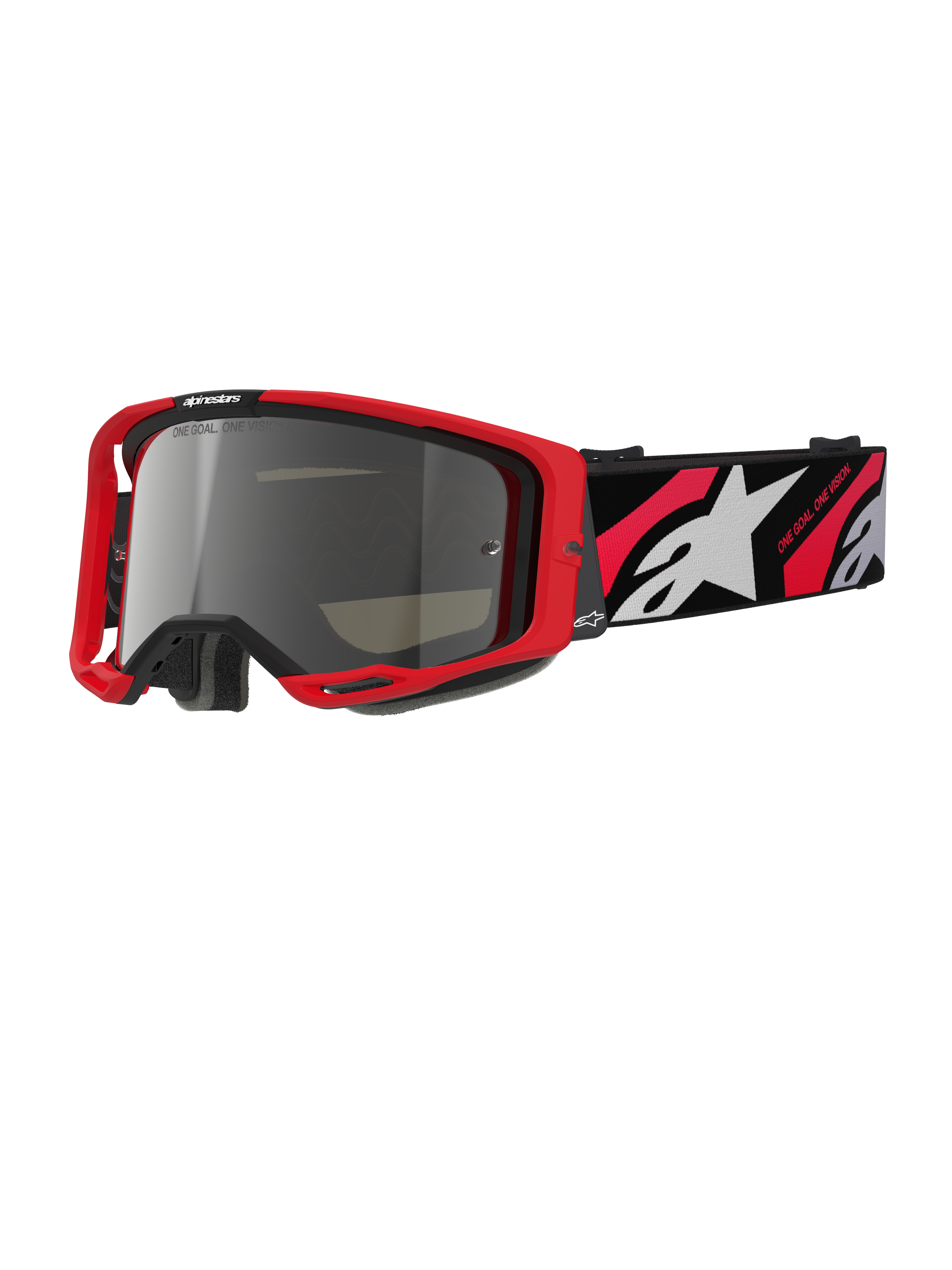 Alpinestars Vision 8 Luar Goggles, gogle motocrossowe off-road, czerwono-czarna oprawka, srebrna lustrzana soczewka, szeroki regulowany pasek z białym logo gwiazdy i napisem „One Goal. One Vision.”, wyczynowa konstrukcja do wyścigów dirt bike