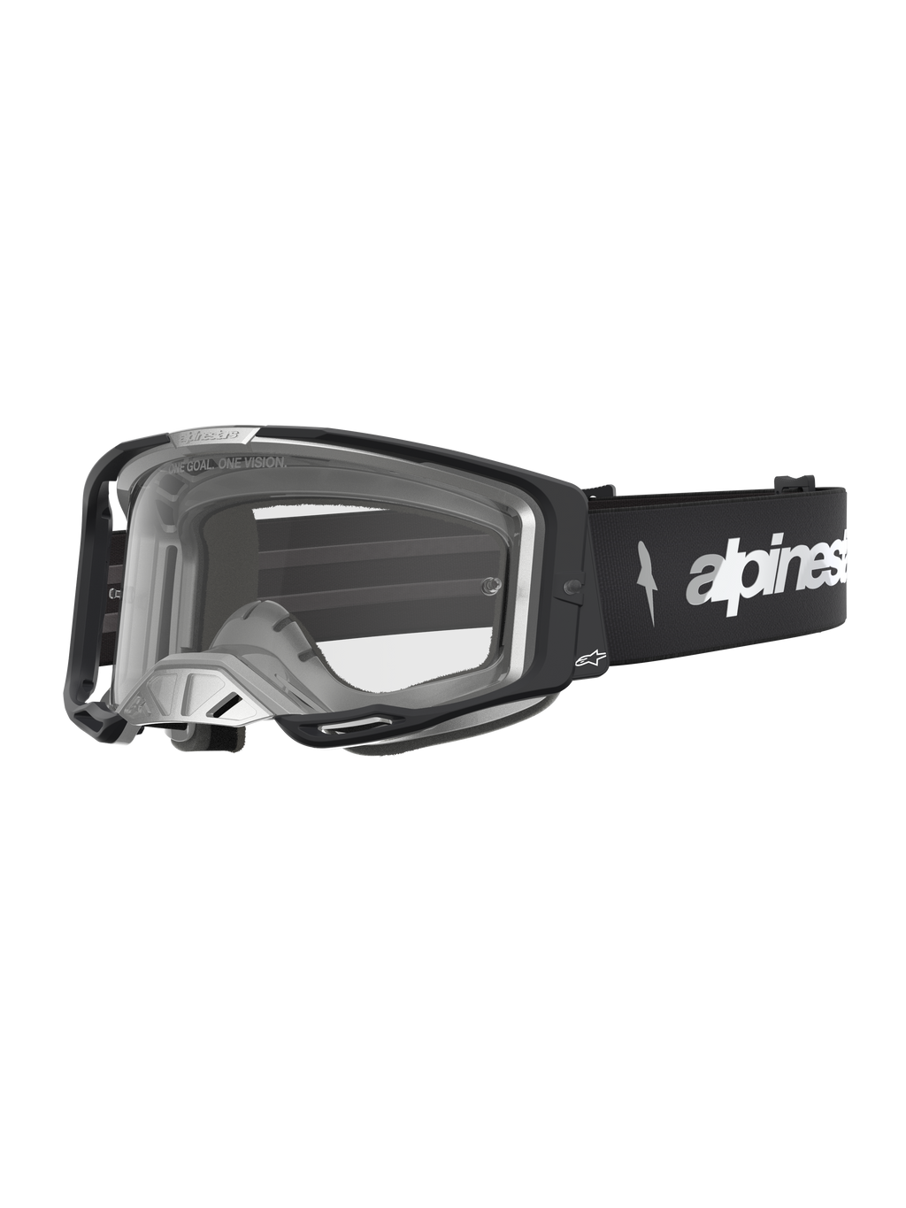 Alpinestars Vision 8 Amber, gogle motocyklowe motocrossowe, czarne i srebrne, przezroczysta soczewka, system wentylacji RAM-AIR i rama A-FLEX, profesjonalna ochrona do jazdy off-road