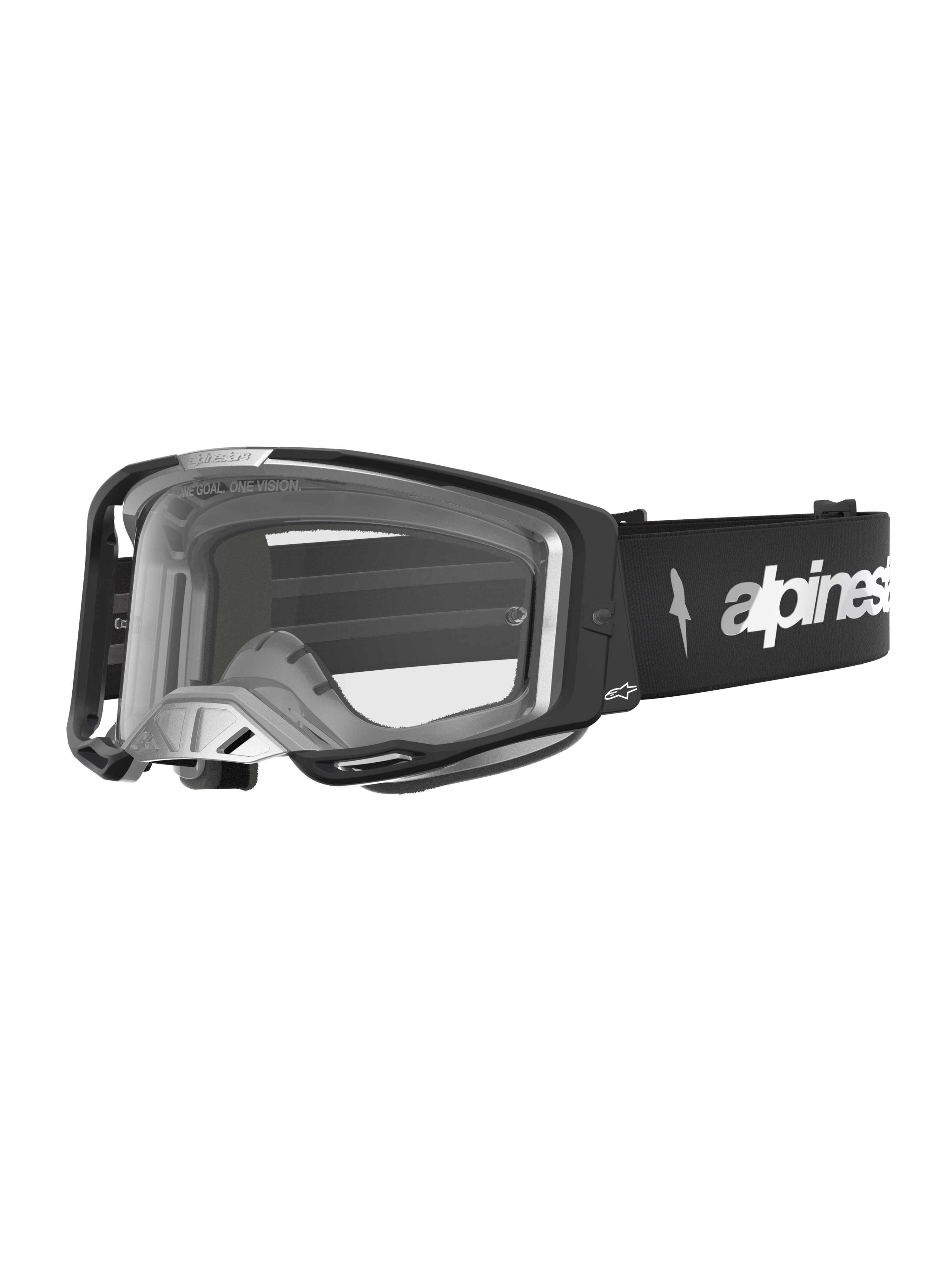 Alpinestars Vision 8 Amber, gogle motocyklowe motocrossowe, czarne i srebrne, przezroczysta soczewka, system wentylacji RAM-AIR i rama A-FLEX, profesjonalna ochrona do jazdy off-road