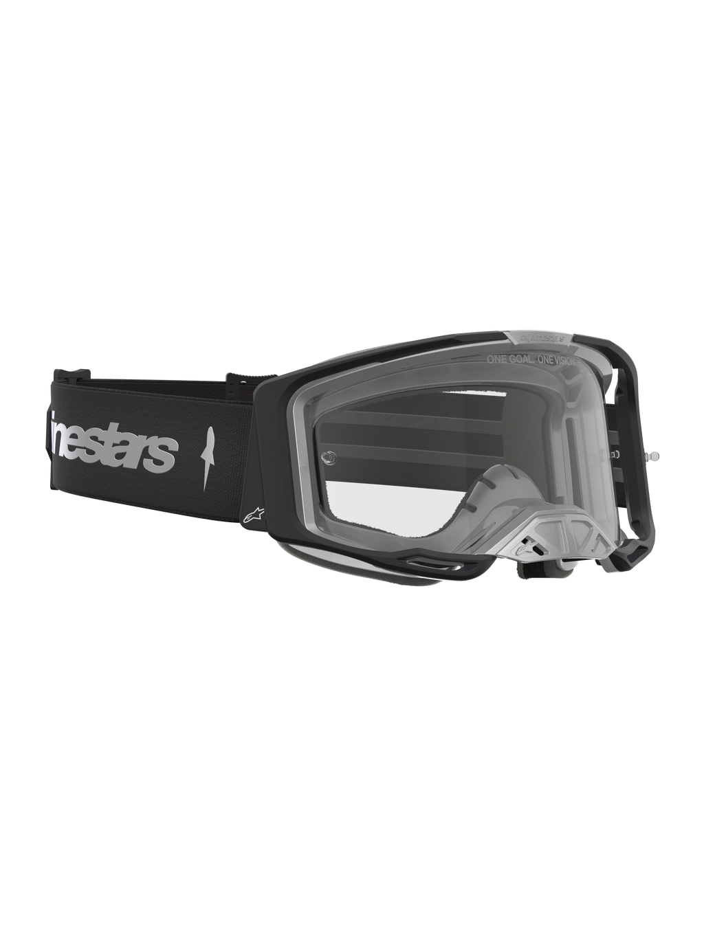Gogle Alpinestars Vision 8 Amber, wyścigowe gogle motocrossowe, czarne i srebrne, przezroczysta soczewka z elastyczną ramą A-FLEX i systemem wentylacji RAM-AIR