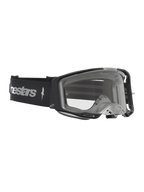 Gogle Alpinestars Vision 8 Amber, wyścigowe gogle motocrossowe, czarne i srebrne, przezroczysta soczewka z elastyczną ramą A-FLEX i systemem wentylacji RAM-AIR