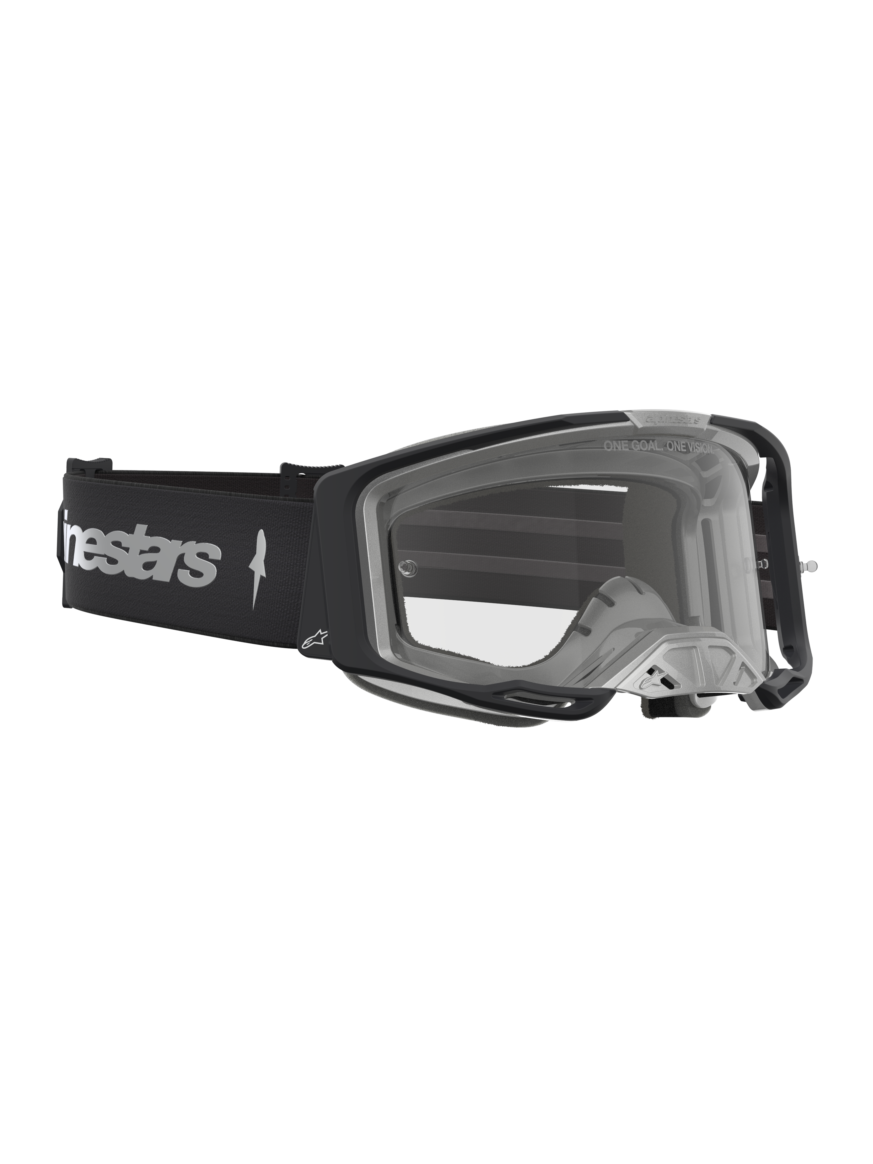 Gogle Alpinestars Vision 8 Amber, wyścigowe gogle motocrossowe, czarne i srebrne, przezroczysta soczewka z elastyczną ramą A-FLEX i systemem wentylacji RAM-AIR