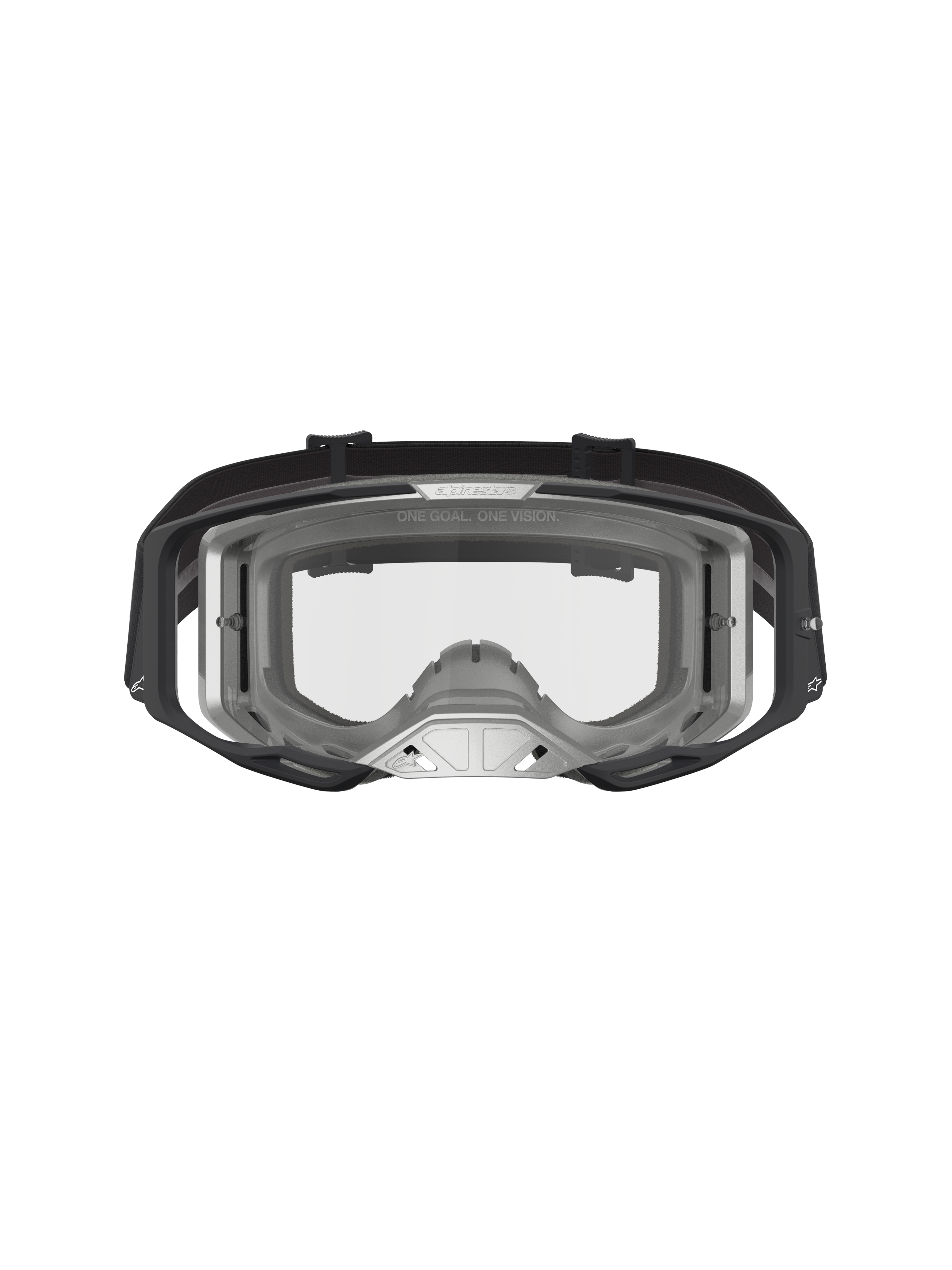 Alpinestars Vision 8 Amber, gogle motocrossowe, czarna i srebrna rama A-FLEX, przezroczysta soczewka, system wentylacji RAM-AIR, profesjonalna ochrona MX