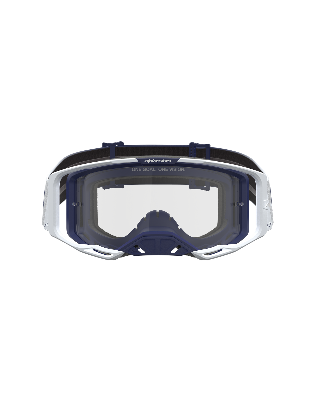 Alpinestars Vision 8 Amber, gogle motocrossowe MX, białe i granatowe, przezroczysta soczewka, lekka rama A-FLEX, system wentylacji RAM-AIR, profesjonalne wyposażenie off-road