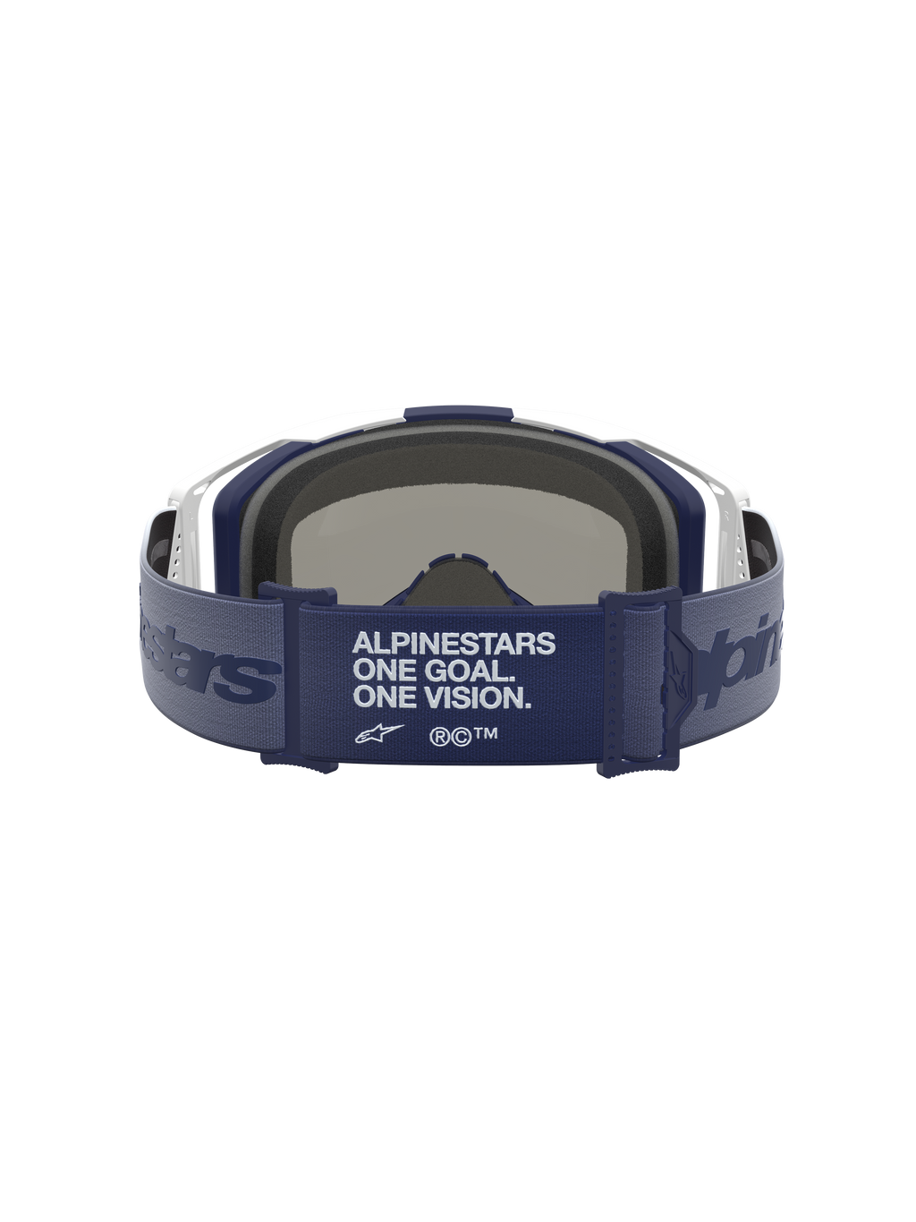 Alpinestars Vision 8 Amber Goggles, Motocross Goggles, White and Navy, featuring the brand manifesto on the strap.