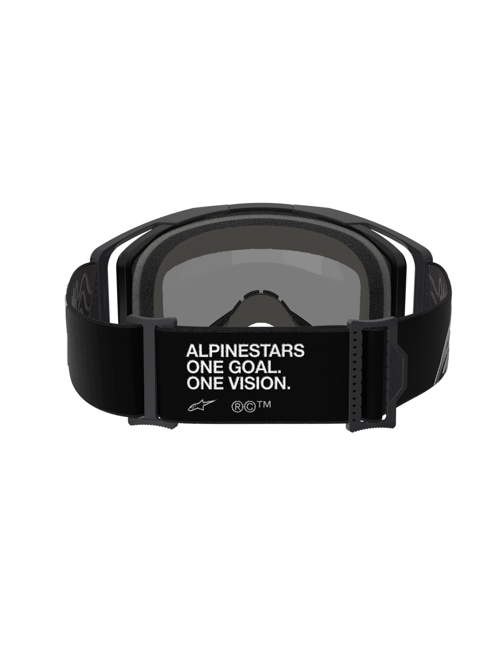 Alpinestars Vision 8 Corp Goggles, gogle motocrossowe, widok z tyłu na czarny regulowany pasek z białym napisem „ALPINESTARS ONE GOAL. ONE VISION.”, czarna oprawka i piankowa wyściółka