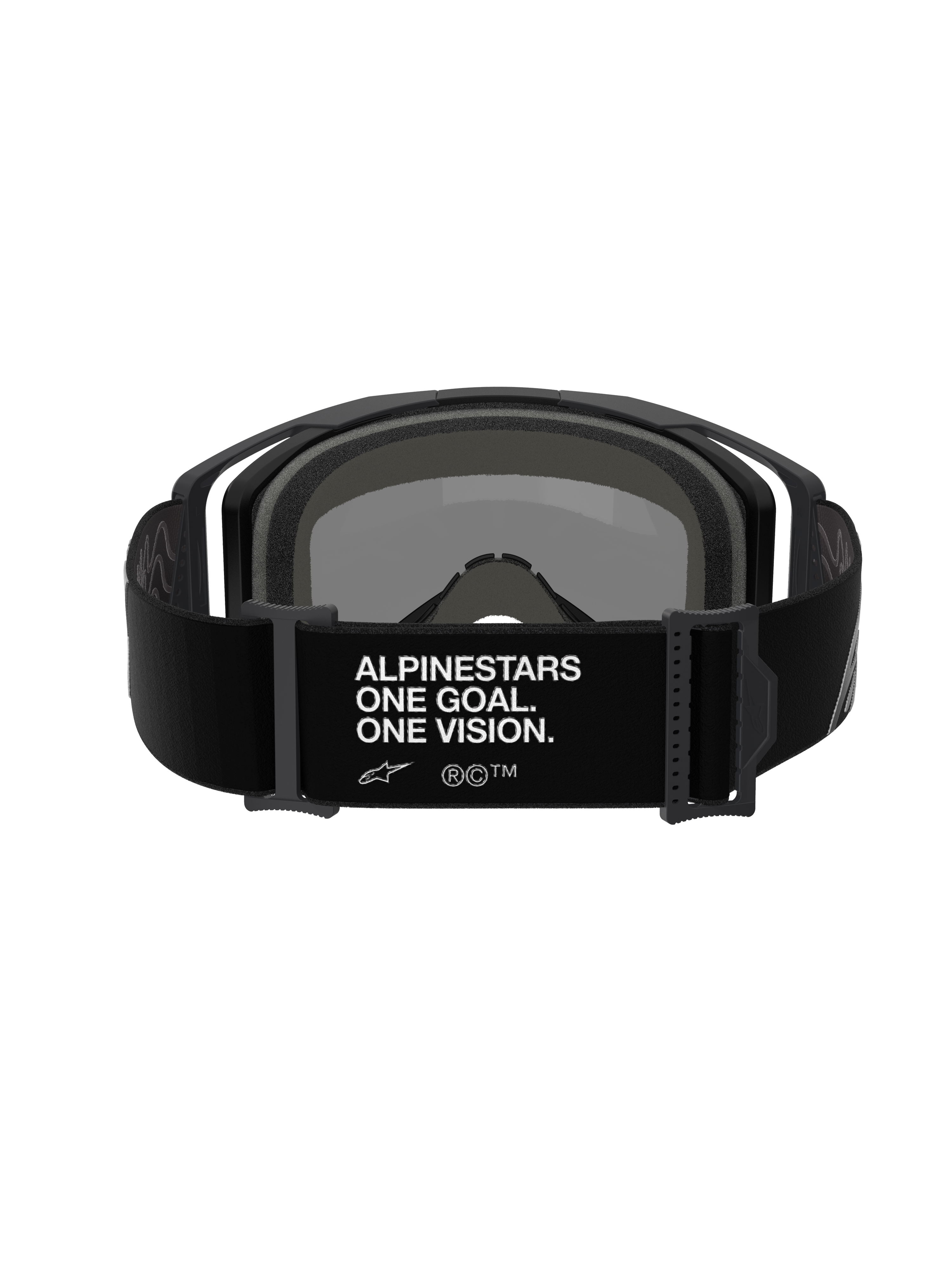 Alpinestars Vision 8 Corp Goggles, gogle motocrossowe, widok z tyłu na czarny regulowany pasek z białym napisem „ALPINESTARS ONE GOAL. ONE VISION.”, czarna oprawka i piankowa wyściółka