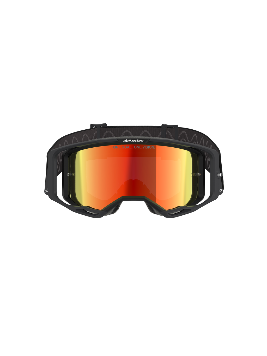 Gogle Alpinestars Vision 8 Corp, gogle motocrossowe, czarne z lustrzaną czerwienią, widok z przodu z czerwoną lustrzaną soczewką z napisem „ONE GOAL. ONE VISION.”, czarna oprawka z wentylacją RAM-AIR, regulowany czarny pasek, profesjonalna ochrona oczu do wyścigów terenowych