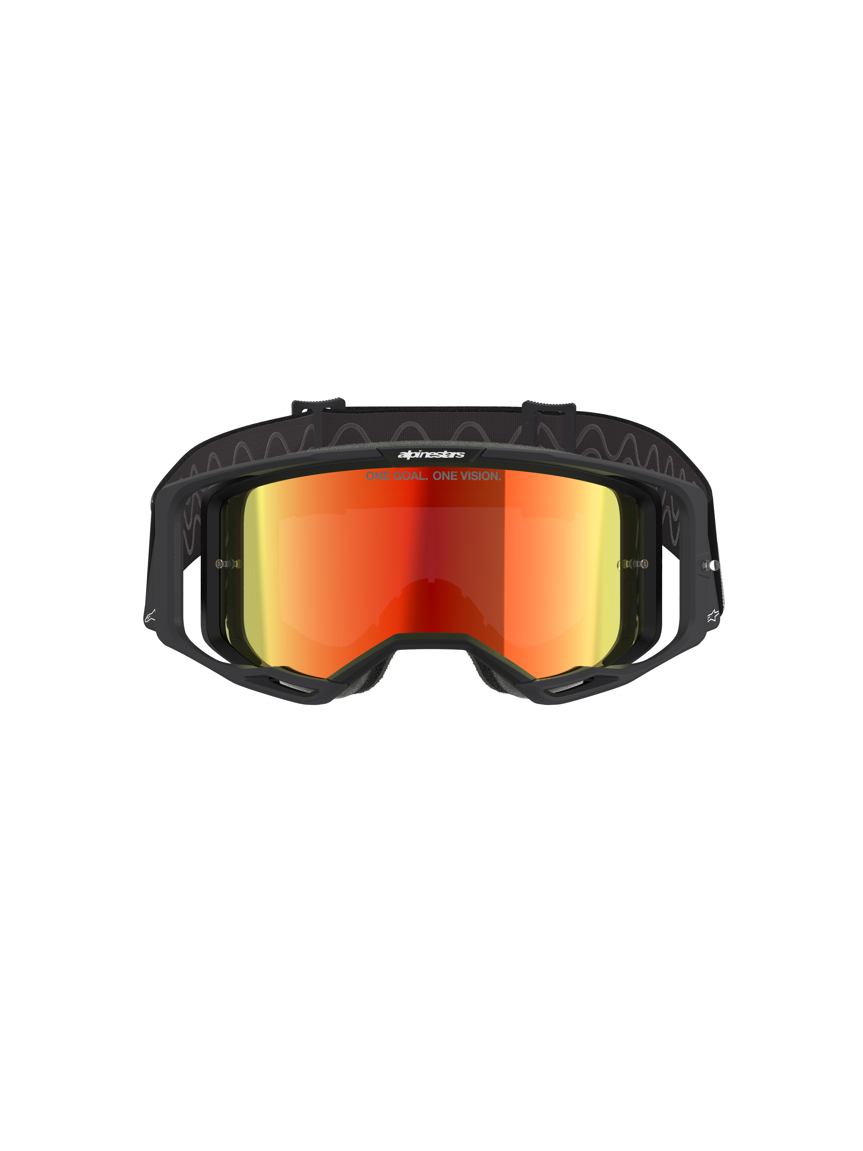 Gogle Alpinestars Vision 8 Corp, gogle motocrossowe, czarne z lustrzaną czerwienią, widok z przodu z czerwoną lustrzaną soczewką z napisem „ONE GOAL. ONE VISION.”, czarna oprawka z wentylacją RAM-AIR, regulowany czarny pasek, profesjonalna ochrona oczu do wyścigów terenowych