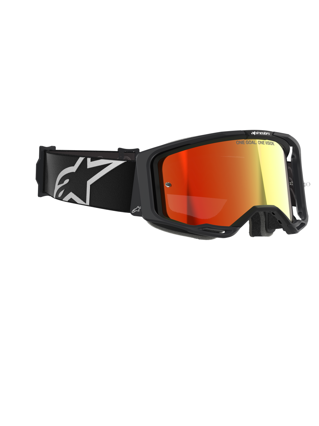 Gogle Alpinestars Vision 8 Corp, gogle motocrossowe, czarne z czerwoną lustrzaną soczewką, czarny pasek z białym logo Alpinestars, napis „ONE GOAL. ONE VISION.” na soczewce, profesjonalna ochrona oczu do jazdy w terenie
