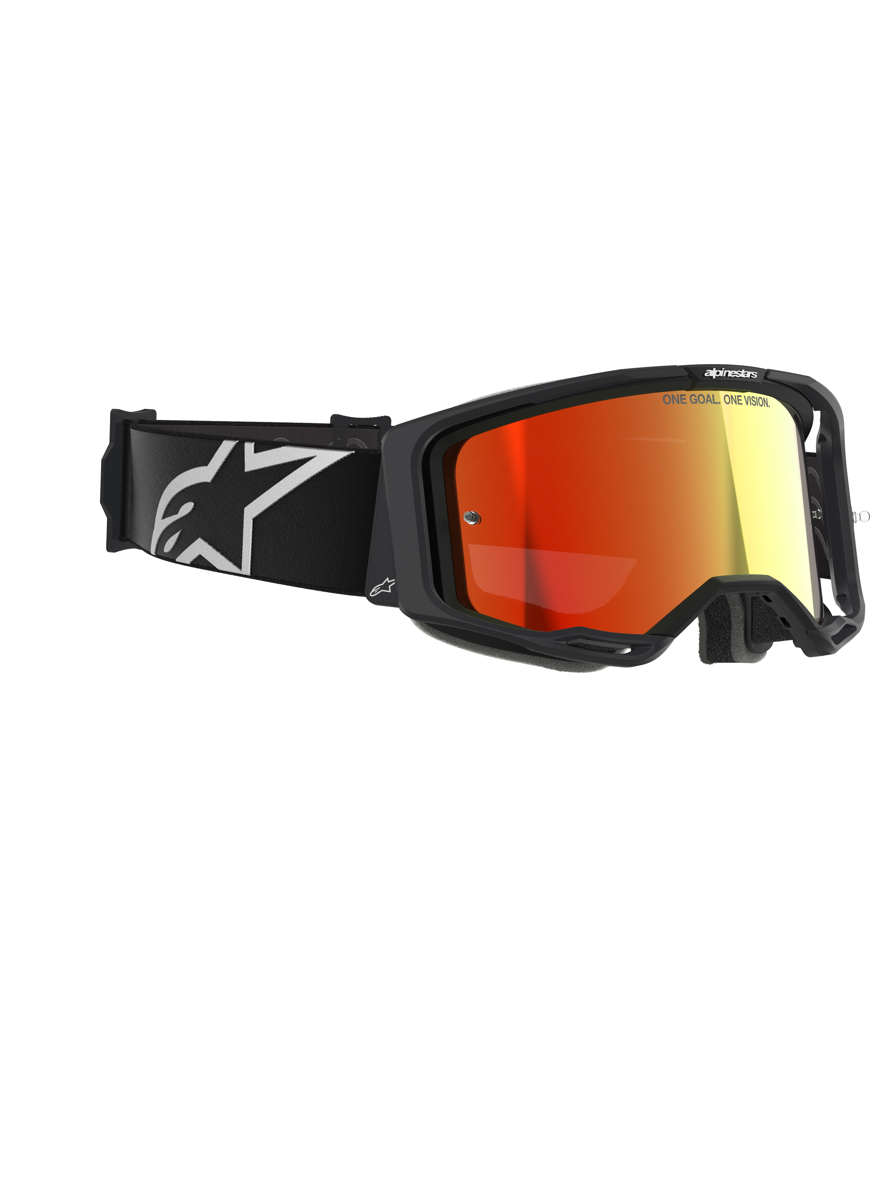Gogle Alpinestars Vision 8 Corp, gogle motocrossowe, czarne z czerwoną lustrzaną soczewką, czarny pasek z białym logo Alpinestars, napis „ONE GOAL. ONE VISION.” na soczewce, profesjonalna ochrona oczu do jazdy w terenie