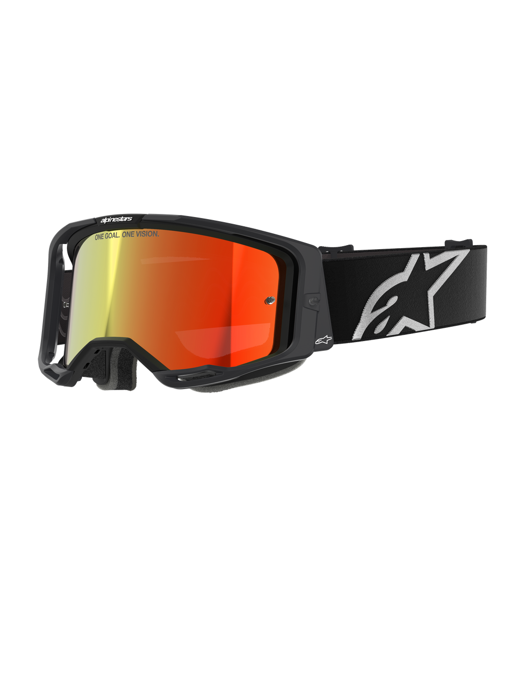 Alpinestars Vision 8 Corp, gogle motocrossowe, czarne z czerwoną lustrzaną soczewką, odblaskowy gradient od żółtego do czerwonego, regulowany czarny pasek z dużym białym logo gwiazdy, szara pianka, wyczynowy design off-road