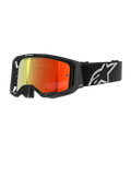 Alpinestars Vision 8 Corp, gogle motocrossowe, czarne z czerwoną lustrzaną soczewką, odblaskowy gradient od żółtego do czerwonego, regulowany czarny pasek z dużym białym logo gwiazdy, szara pianka, wyczynowy design off-road