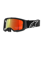 Alpinestars Vision 8 Corp, gogle motocrossowe, czarne z czerwoną lustrzaną soczewką, odblaskowy gradient od żółtego do czerwonego, regulowany czarny pasek z dużym białym logo gwiazdy, szara pianka, wyczynowy design off-road