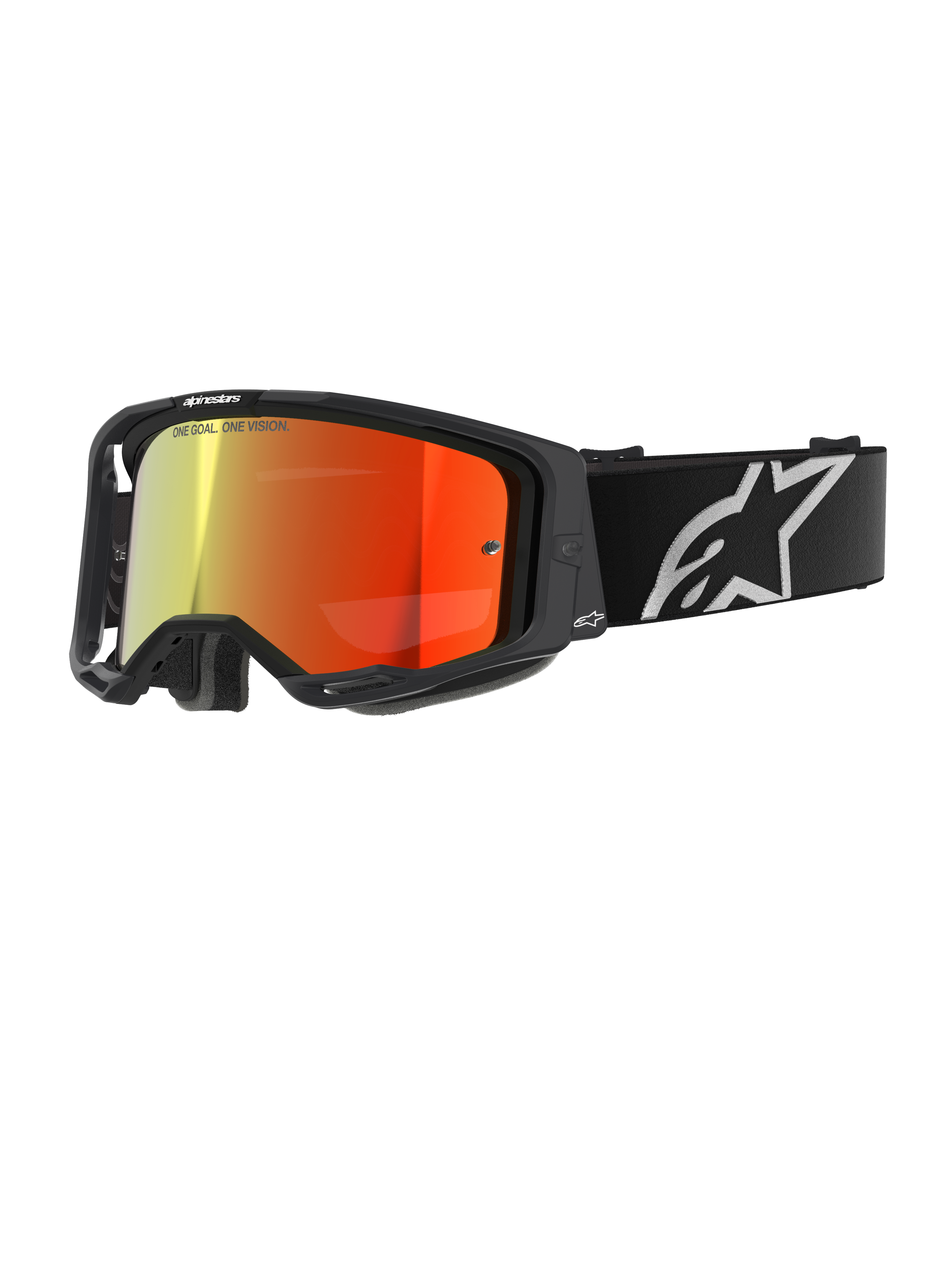 Alpinestars Vision 8 Corp, gogle motocrossowe, czarne z czerwoną lustrzaną soczewką, odblaskowy gradient od żółtego do czerwonego, regulowany czarny pasek z dużym białym logo gwiazdy, szara pianka, wyczynowy design off-road