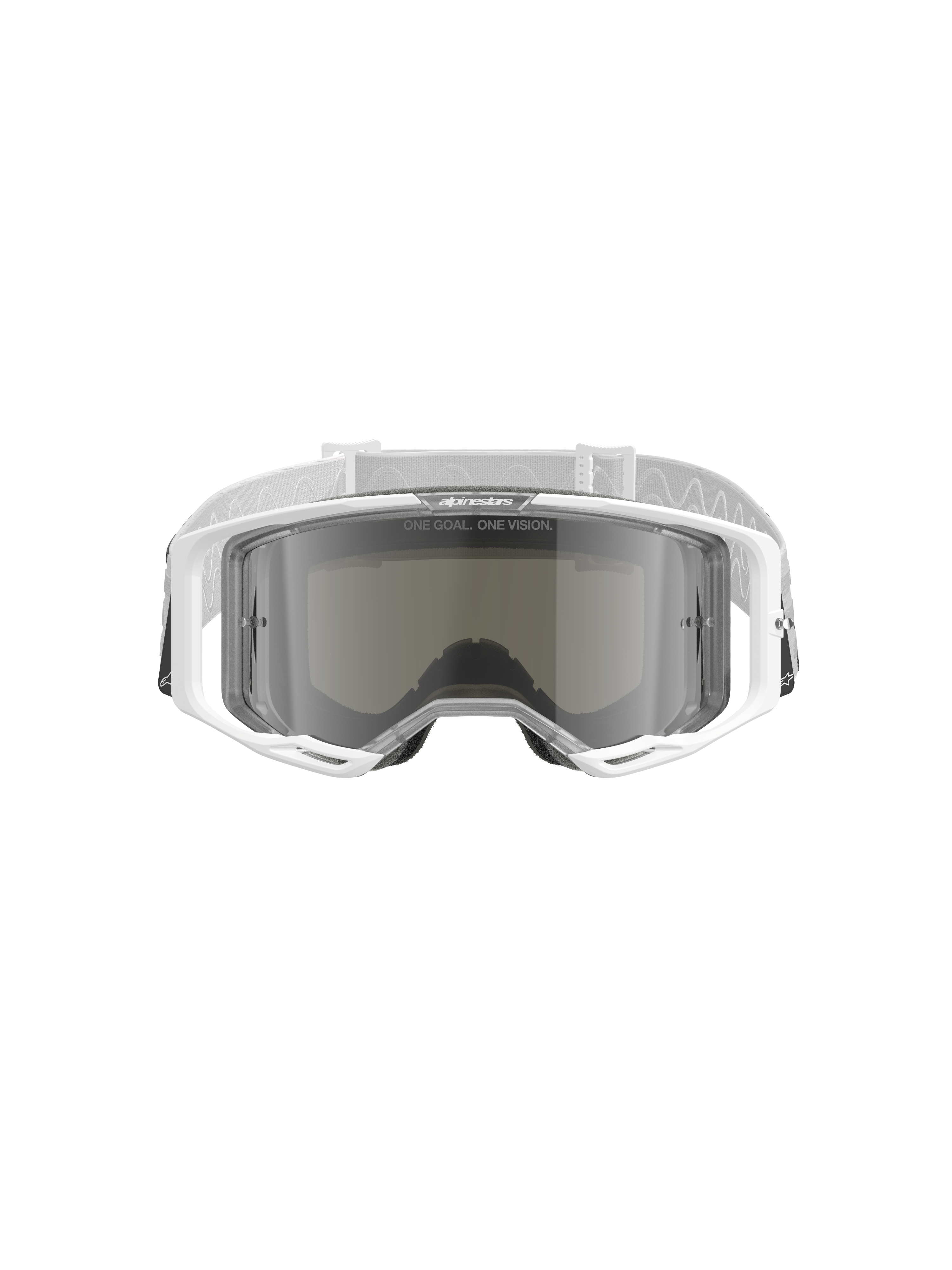 Alpinestars Vision 8 Corp Goggles, gogle motocrossowe, białe z lustrzaną srebrną soczewką, widok z przodu przedstawiający szerokokątną soczewkę poliwęglanową, system wentylacji RAM-AIR i biały tkany pasek z logo