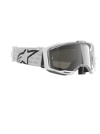 Alpinestars Vision 8 Corp Goggles, gogle motocrossowe, białe i srebrne lustrzane, wyposażone w białą ramkę A-FLEX, srebrną lustrzaną soczewkę oraz biały tkany pasek z dużym czarnym logo gwiazdy Alpinestars
