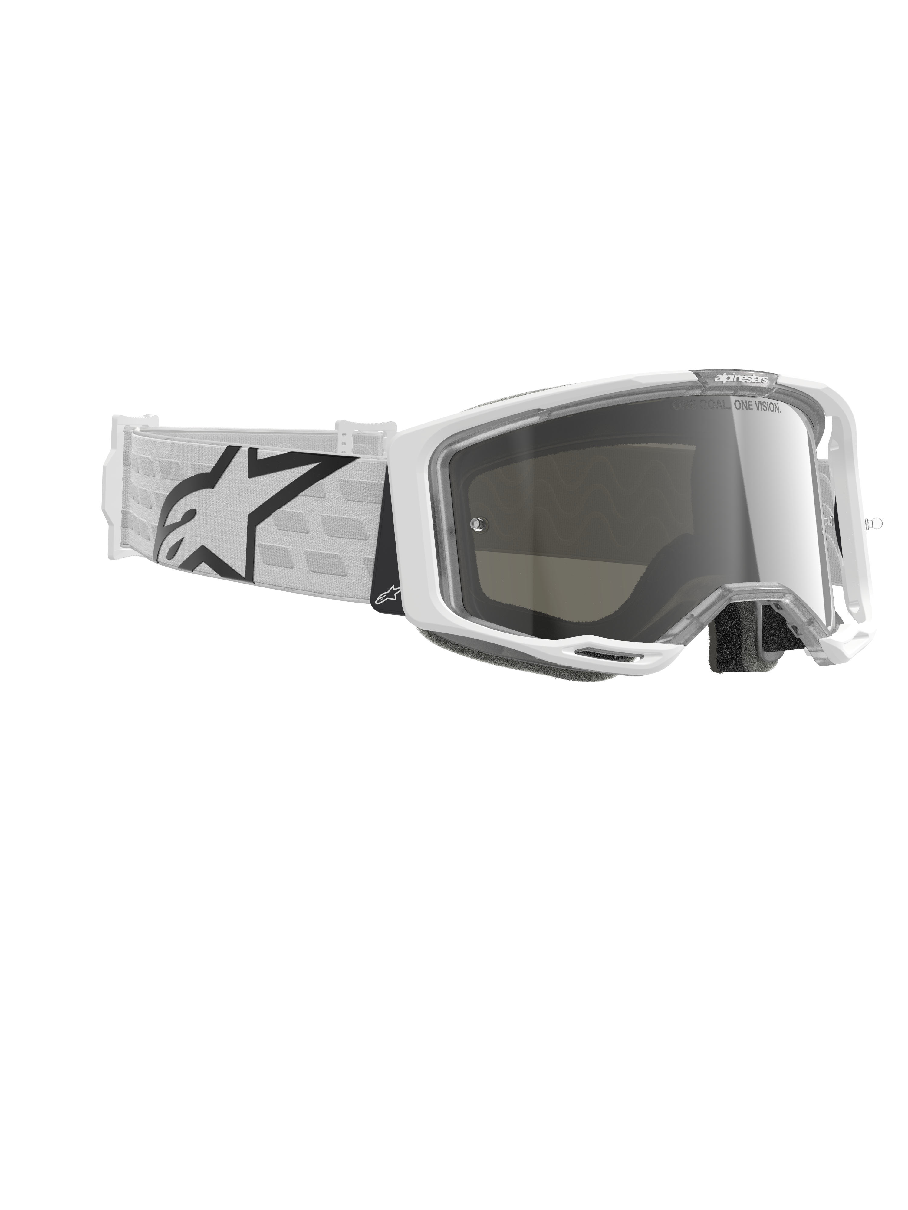 Alpinestars Vision 8 Corp Goggles, gogle motocrossowe, białe i srebrne lustrzane, wyposażone w białą ramkę A-FLEX, srebrną lustrzaną soczewkę oraz biały tkany pasek z dużym czarnym logo gwiazdy Alpinestars
