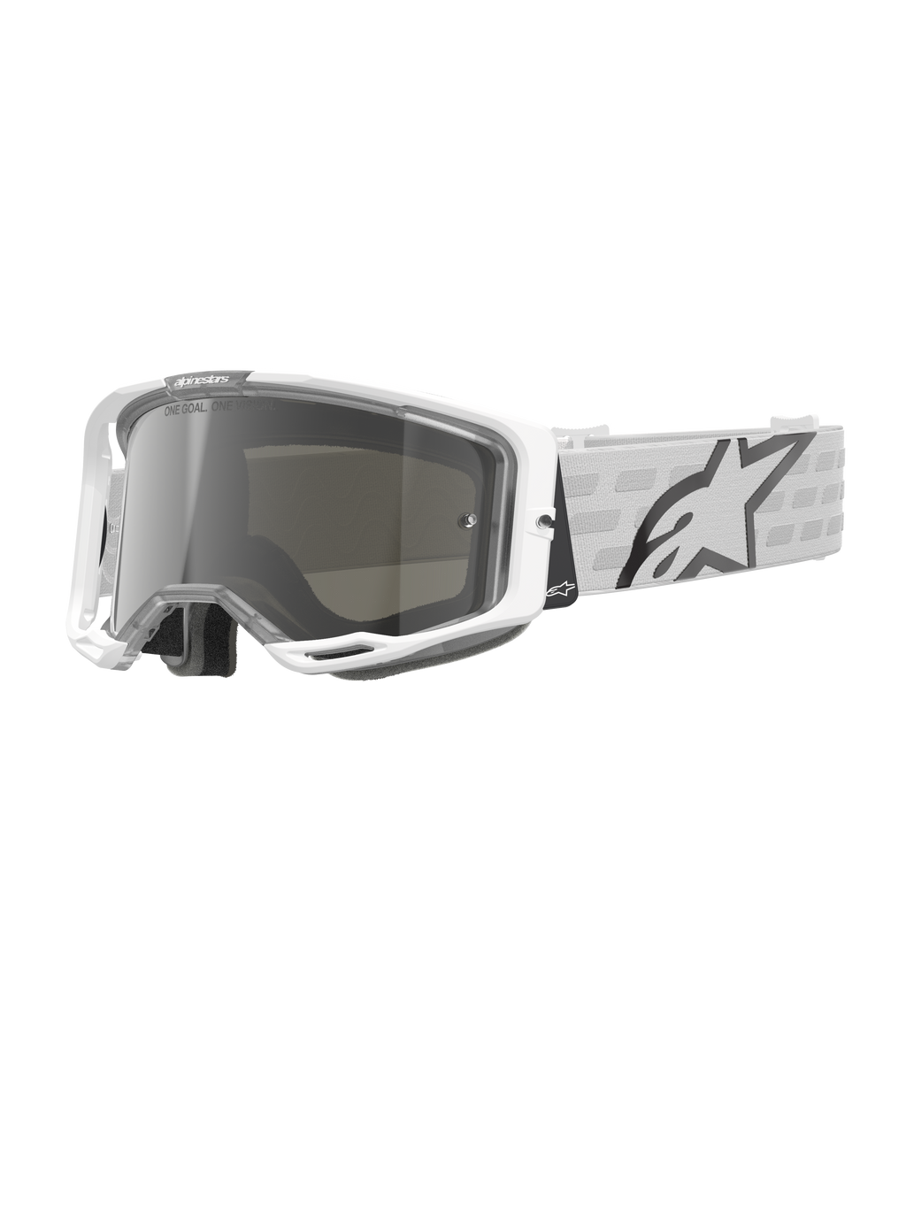 Alpinestars Vision 8 Corp Goggles, białe gogle motocrossowe, srebrna lustrzana soczewka, szaro-biały wzorzysty pasek, gogle do wyścigów terenowych, wyściełana wyściółka dla komfortu, nowoczesna prostokątna ramka