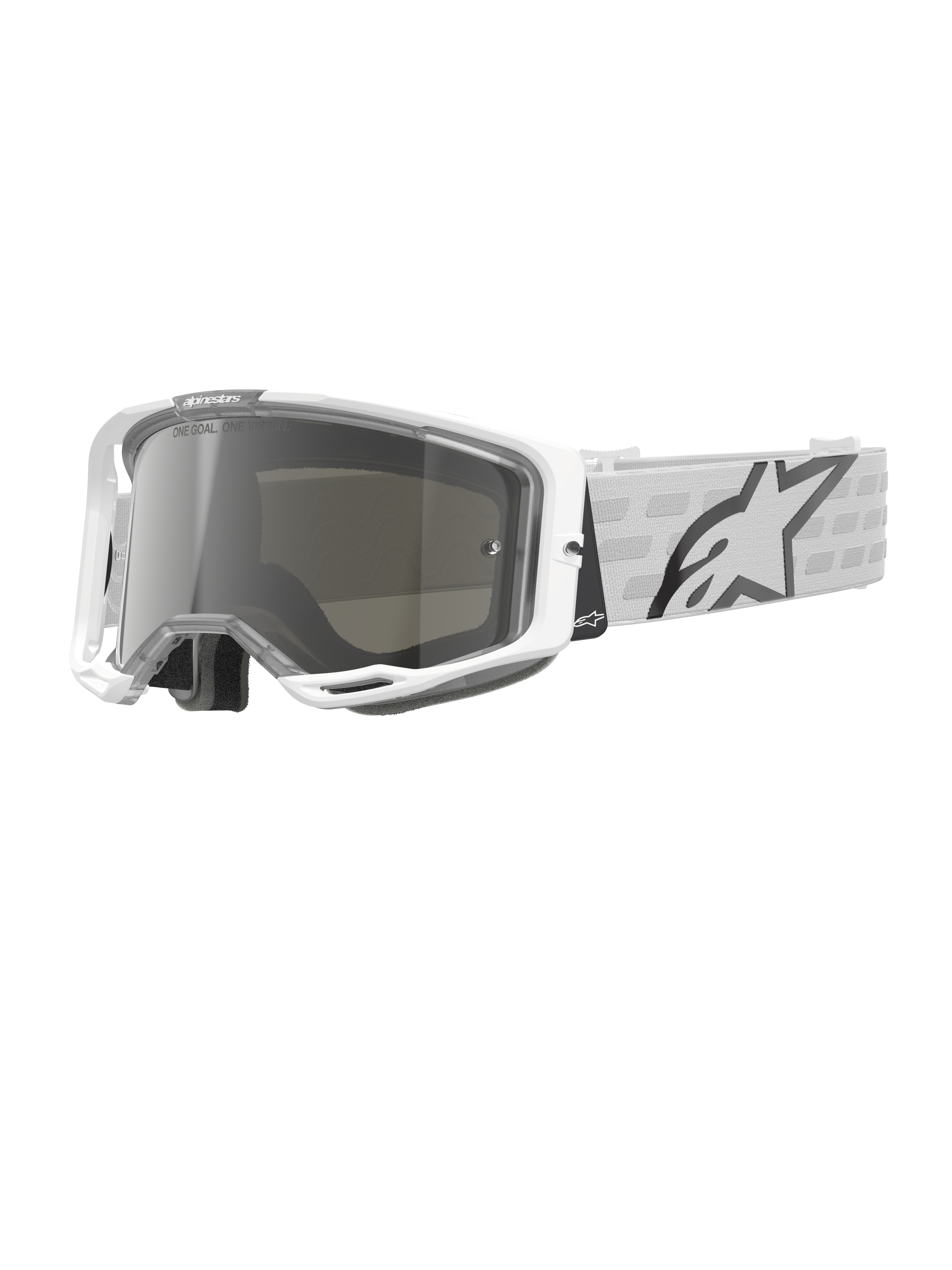 Alpinestars Vision 8 Corp Goggles, białe gogle motocrossowe, srebrna lustrzana soczewka, szaro-biały wzorzysty pasek, gogle do wyścigów terenowych, wyściełana wyściółka dla komfortu, nowoczesna prostokątna ramka