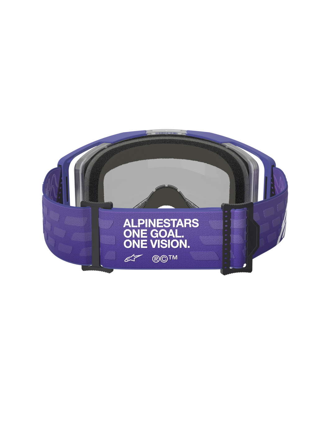 Gogle Alpinestars Vision 8 Corp, fioletowe, widok z tyłu z szerokim fioletowym paskiem z białym napisem „ALPINESTARS ONE GOAL. ONE VISION.”, czarne elementy i szara pianka, gogle motocrossowe