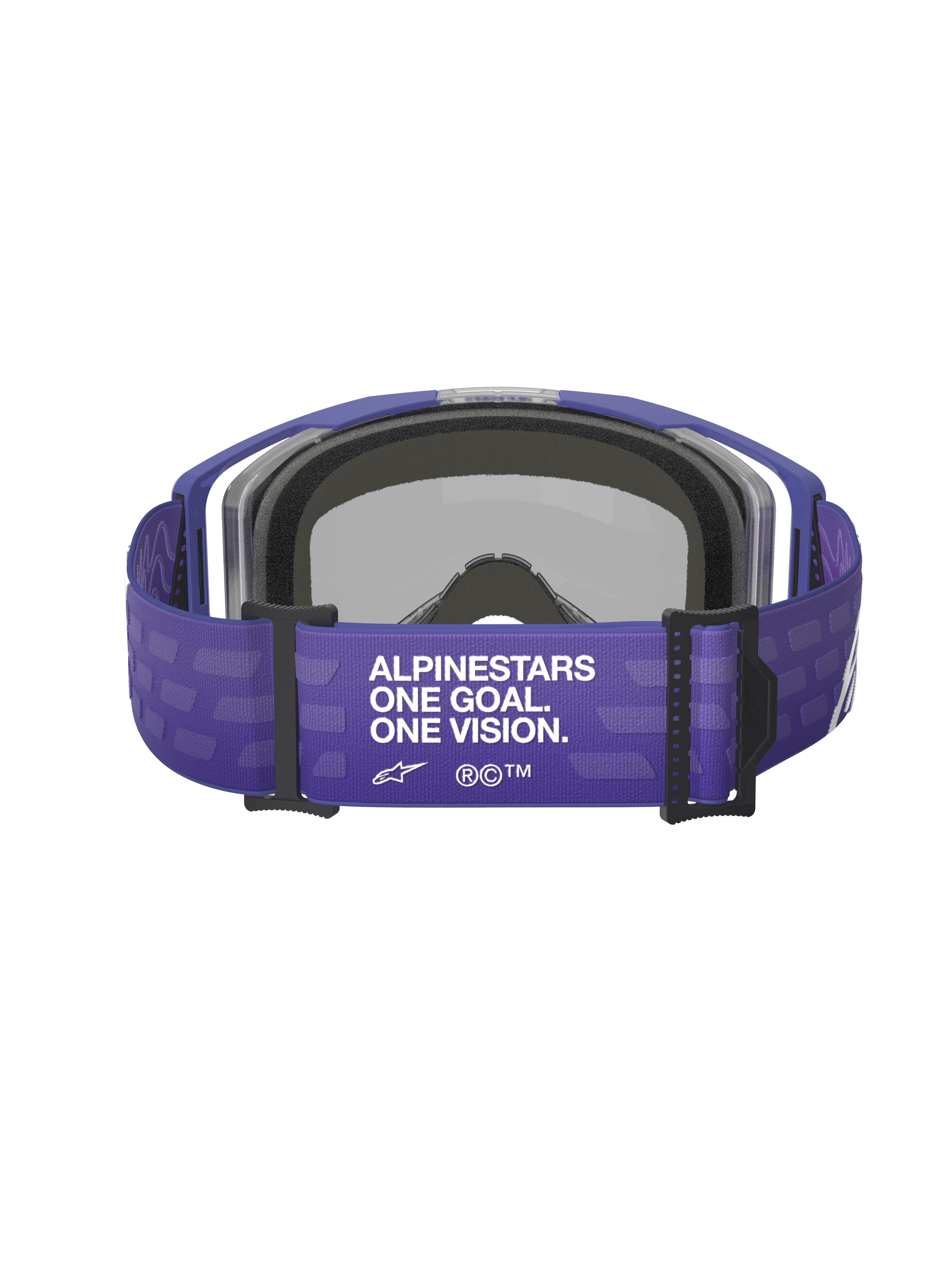 Gogle Alpinestars Vision 8 Corp, fioletowe, widok z tyłu z szerokim fioletowym paskiem z białym napisem „ALPINESTARS ONE GOAL. ONE VISION.”, czarne elementy i szara pianka, gogle motocrossowe
