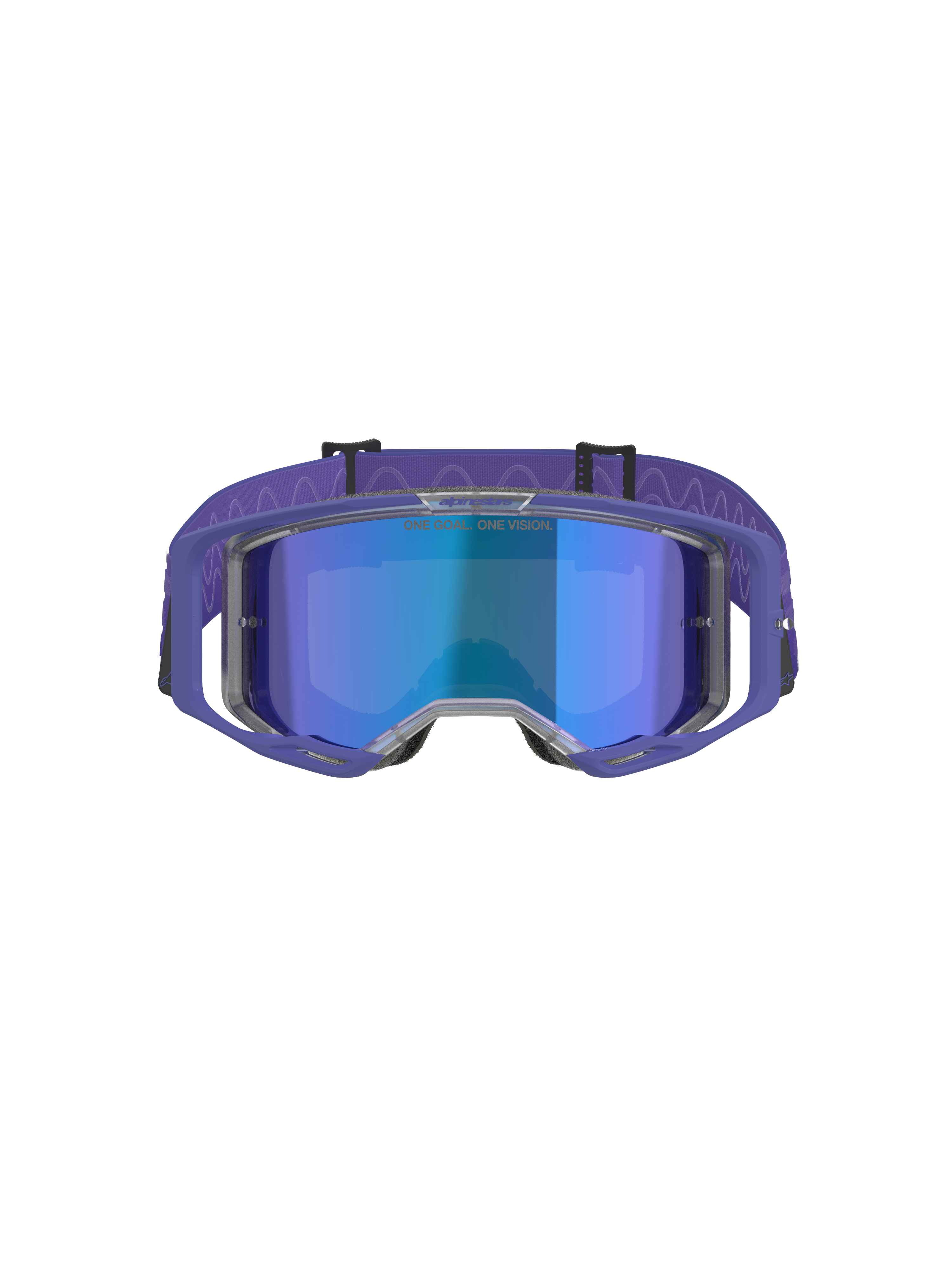 Alpinestars Vision 8 Corp Goggles, gogle motocrossowe, fioletowa oprawka z niebieską lustrzaną szybką, fioletowy pasek z falistym wzorem, wysokowydajna ochrona oczu do wyścigów off-road