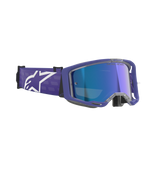 Alpinestars Vision 8 Corp Goggles, gogle motocrossowe, Purple Mirror Blue, fioletowa oprawka z lustrzaną niebieską soczewką przeciwmgielną, szeroki fioletowy pasek z wyraźnym białym logo Alpinestars, zaawansowana ochrona oczu do wyścigów terenowych