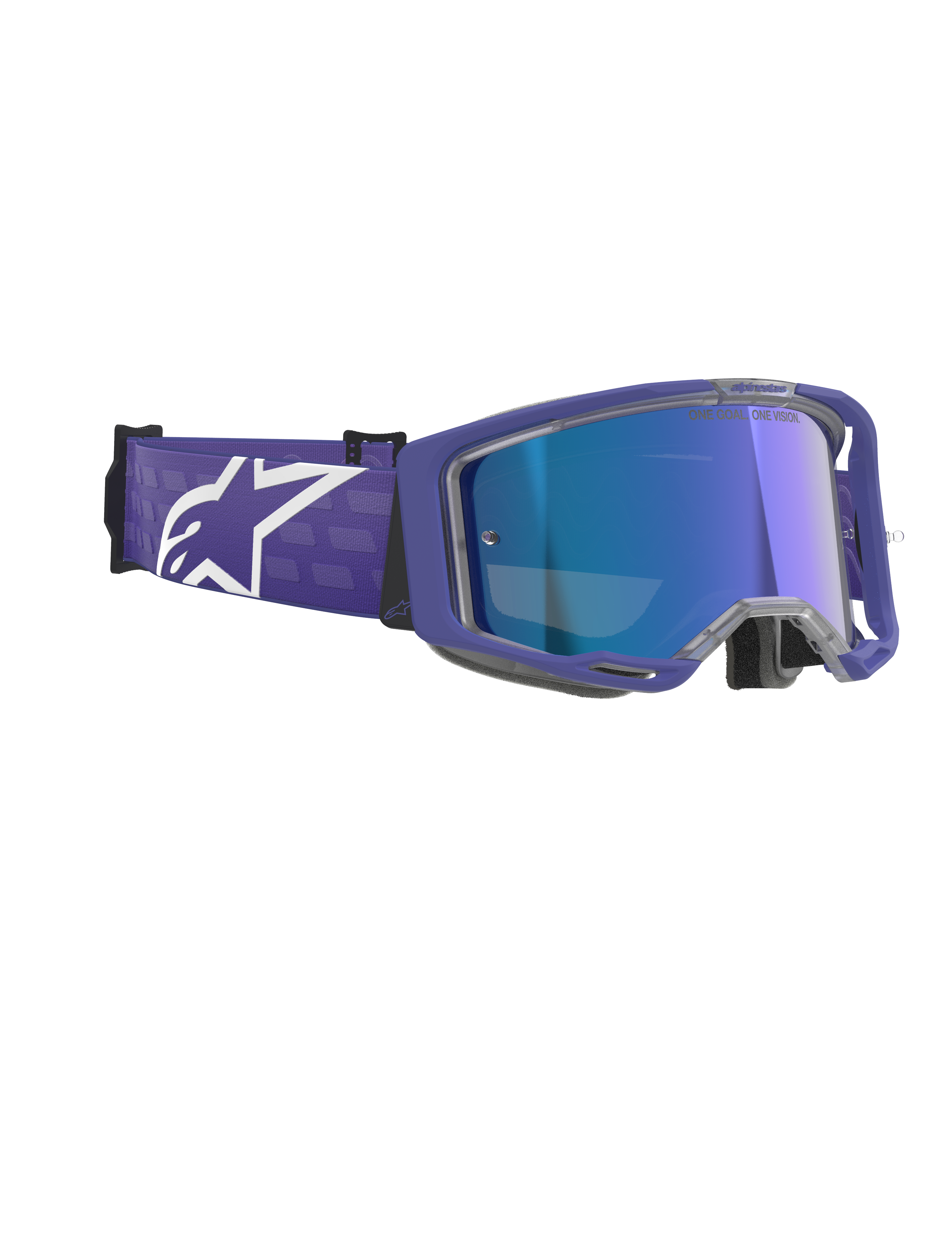 Alpinestars Vision 8 Corp Goggles, gogle motocrossowe, Purple Mirror Blue, fioletowa oprawka z lustrzaną niebieską soczewką przeciwmgielną, szeroki fioletowy pasek z wyraźnym białym logo Alpinestars, zaawansowana ochrona oczu do wyścigów terenowych