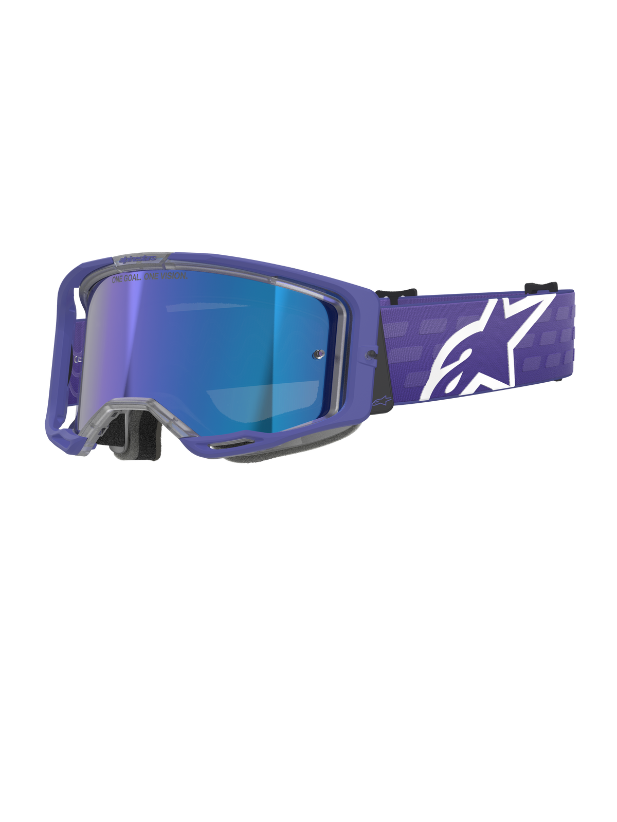 Gogle Alpinestars Vision 8 Corp, gogle motocrossowe, fioletowe i niebieskie lustrzane, niebieska lustrzana soczewka z napisem „One Goal. One Vision.”, fioletowa oprawka z szerokim paskiem i białym logo Alpinestars, ochrona oczu do wyścigów terenowych
