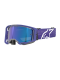 Gogle Alpinestars Vision 8 Corp, gogle motocrossowe, fioletowe i niebieskie lustrzane, niebieska lustrzana soczewka z napisem „One Goal. One Vision.”, fioletowa oprawka z szerokim paskiem i białym logo Alpinestars, ochrona oczu do wyścigów terenowych