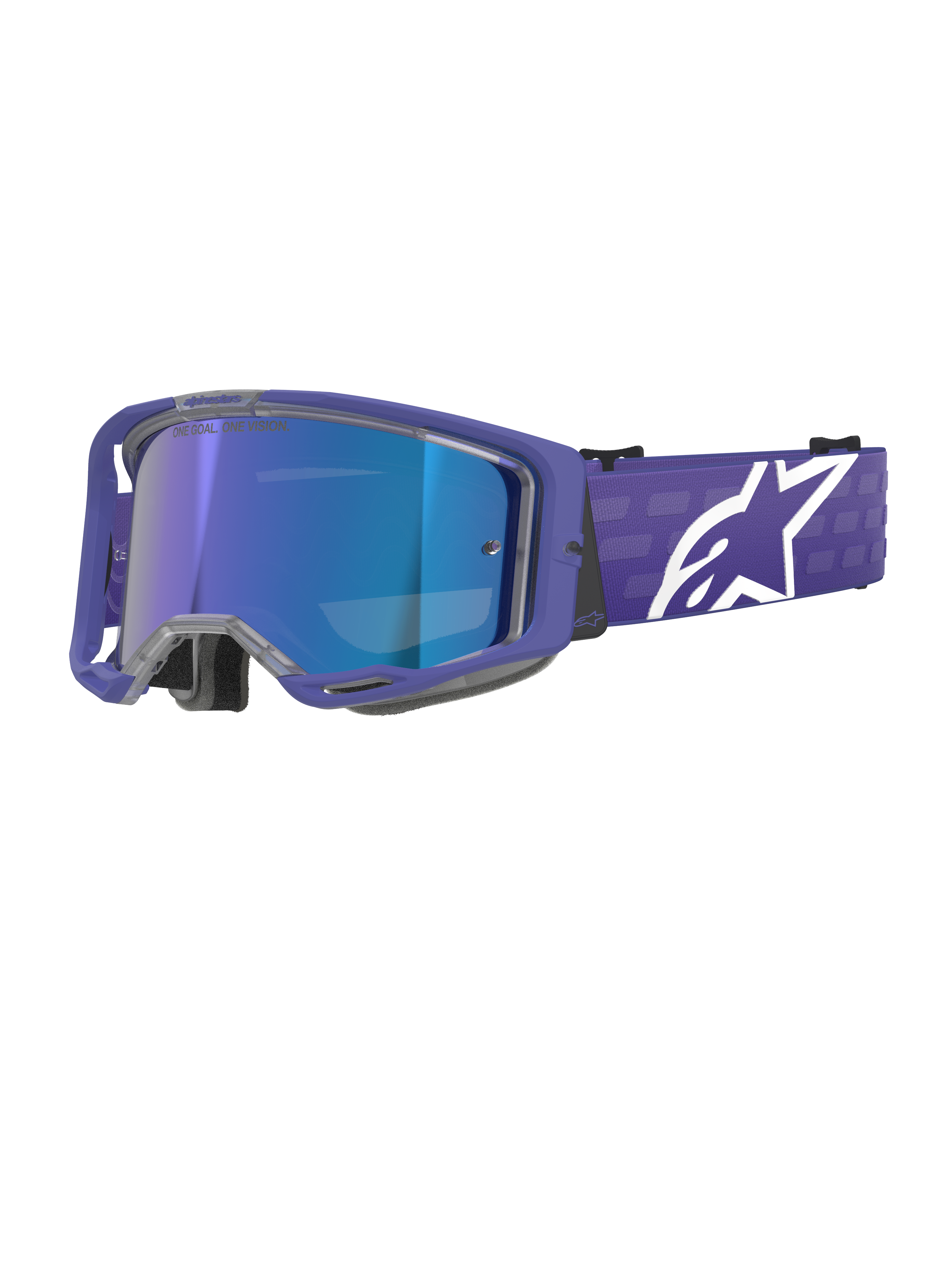 Gogle Alpinestars Vision 8 Corp, gogle motocrossowe, fioletowe i niebieskie lustrzane, niebieska lustrzana soczewka z napisem „One Goal. One Vision.”, fioletowa oprawka z szerokim paskiem i białym logo Alpinestars, ochrona oczu do wyścigów terenowych