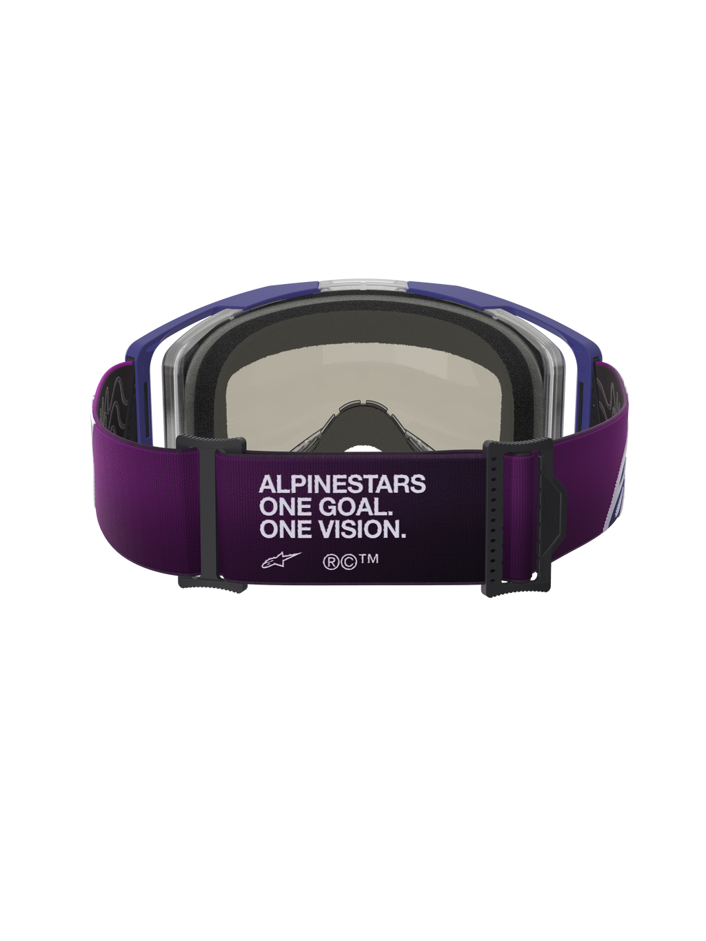 Gogle Alpinestars Vision 8 Corp, widok od tyłu, fioletowy pasek z białym napisem „ALPINESTARS ONE GOAL. ONE VISION.”, szara trójwymiarowa pianka na twarz, fioletowa oprawka, wyczynowe gogle motocrossowe
