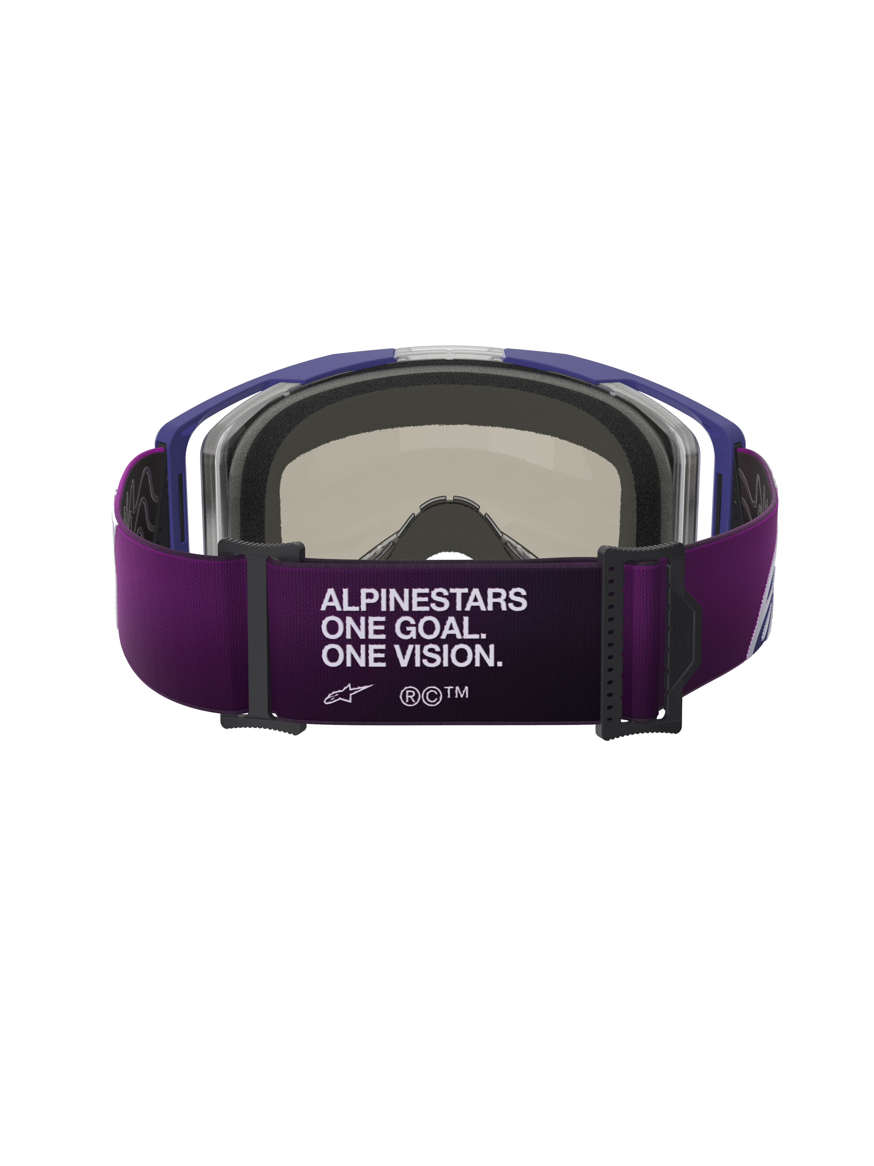 Gogle Alpinestars Vision 8 Corp, widok od tyłu, fioletowy pasek z białym napisem „ALPINESTARS ONE GOAL. ONE VISION.”, szara trójwymiarowa pianka na twarz, fioletowa oprawka, wyczynowe gogle motocrossowe