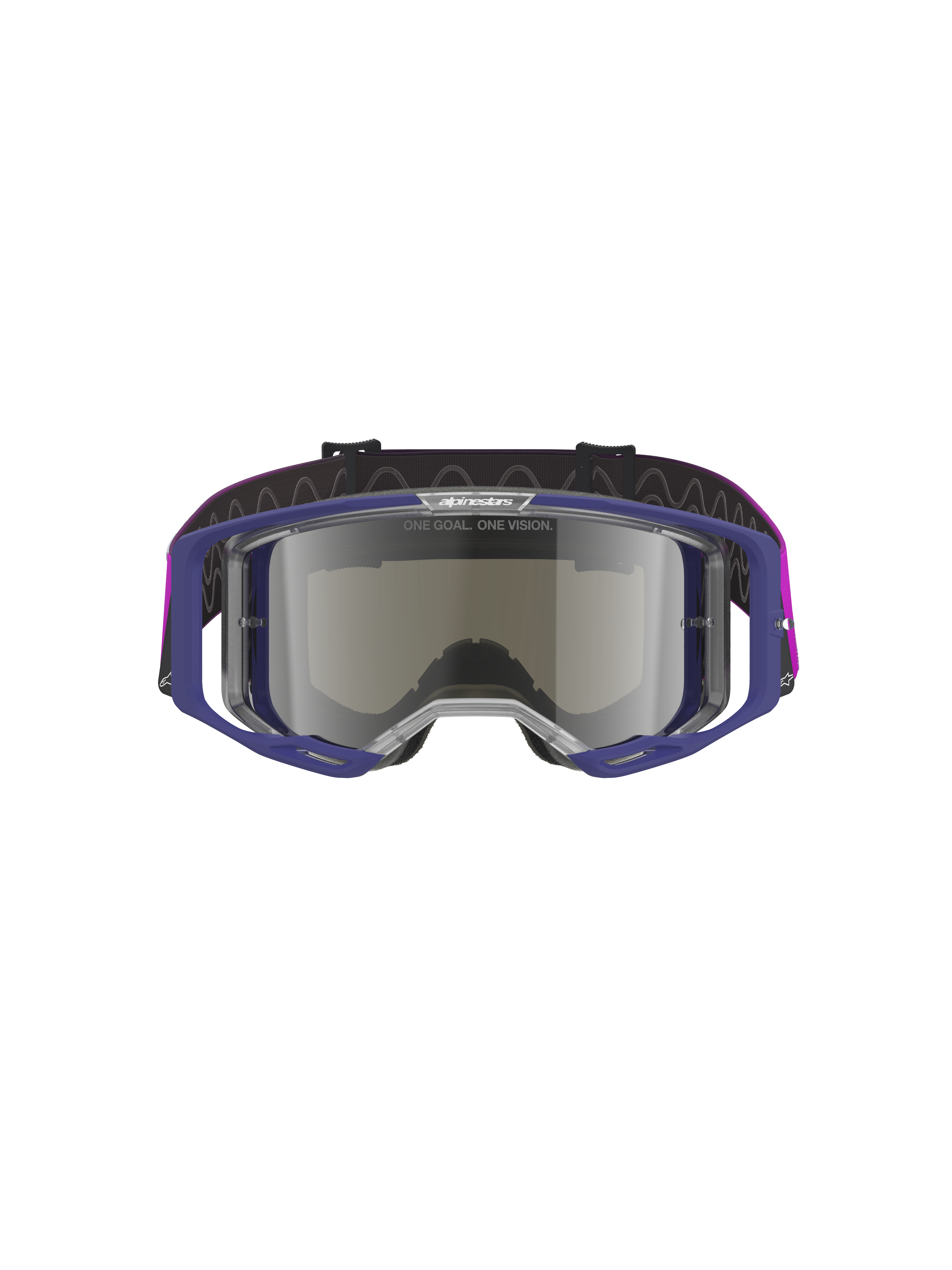 Alpinestars Vision 8 Corp Goggles, gogle motocrossowe z fioletową oprawką i jasnoszarą lustrzaną srebrną soczewką, lekka konstrukcja A-FLEX, wentylacja RAM-AIR, napis „ONE GOAL. ONE VISION.” na soczewce, fioletowy pasek, profesjonalna ochrona oczu off-road