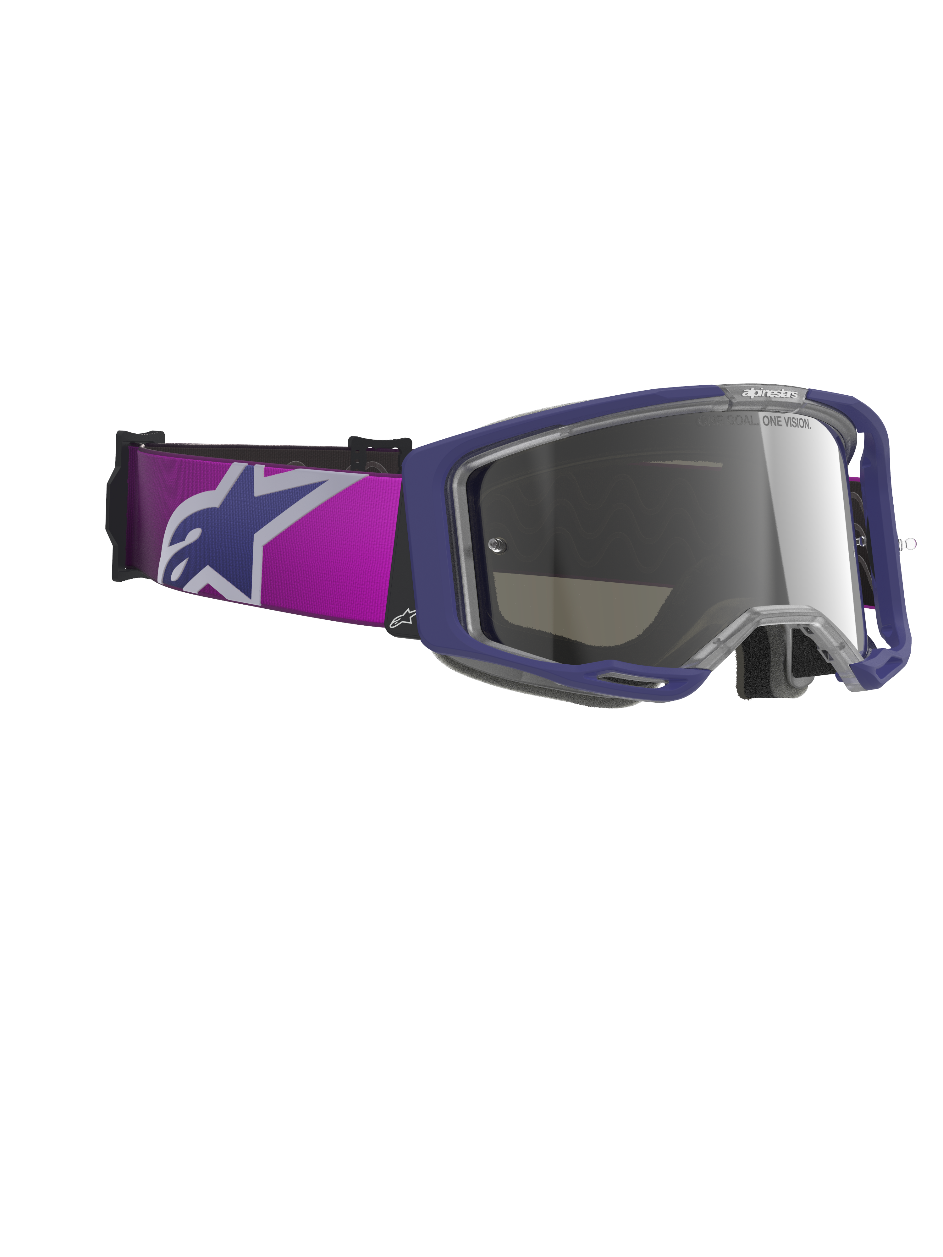 Gogle Alpinestars Vision 8 Corp, gogle motocrossowe, fioletowa oprawka z jasnoszarą lustrzaną srebrną soczewką, szeroki fioletowy pasek z dużym logo Alpinestars, konstrukcja ramy A-FLEX, przyciemniana lustrzana soczewka, profesjonalne gogle do wyścigów terenowych